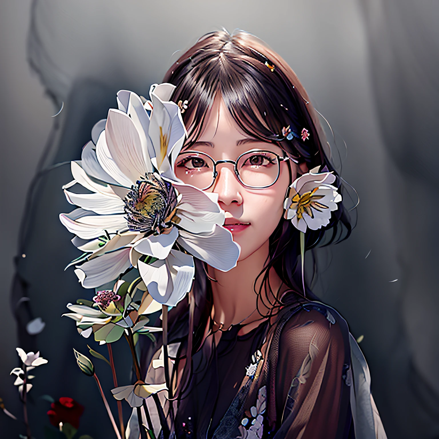 There was a woman with glasses holding a bouquet of flowers, Guviz-style artwork, With glasses, wearing thin large round glasses, Guviz, high quality portrait, female portrait with flowers, with square glasses, korean artist, By Li Song, With flowers, beautiful portrait image, Realistic. Cheng Yi, inspired by Yanjun Cheng