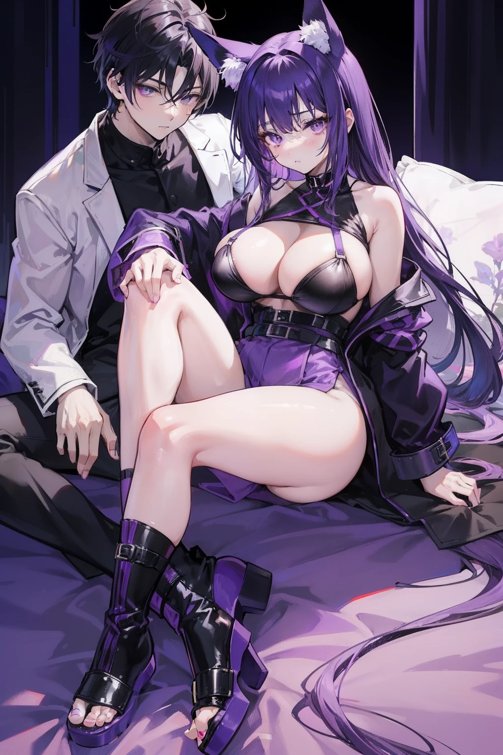 Couple, (1 boy and 1 girl), (1 boy) anime character, long Purple hair, purple eyes, black eyes, tall, wearing a short-sleeved violet shirt, black trousers, short open purple jacket with black sleeves, brown sandal boots with white socks, handsome, purple hair, (1 girl) anime girl with fox ears and tail, anime moe artstyle, seductive anime girl, wearing dark purple bodysuit under a short lavender kimono, sexy anime 8K, purple hair with black highlights, purple eyes, light purple zipper, purple high thighs stockings, sexy anime girl, large boobs, pretty anime girl, tits out huge purple fox tail, sleeping with each other under moonlight,