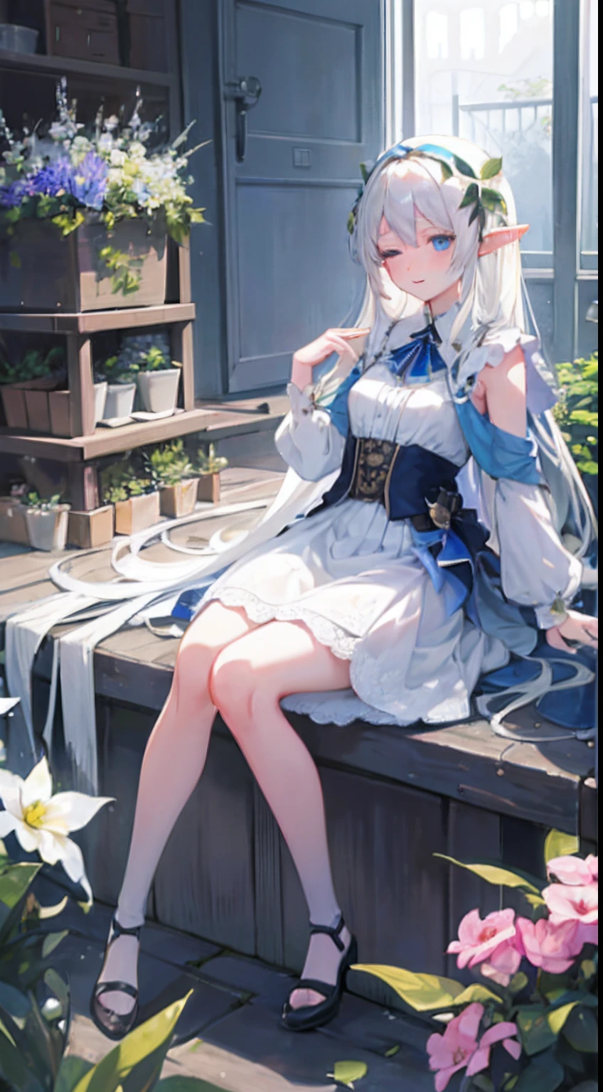(Masterpiece, Best Quality) (Best Quality, Masterpiece), Extremely Delicate, Beautiful CG Illustration, Best Quality, High Resolution, Dynamic Angle, Full Length Lens, (1 Girl), Blue Eyes and Long Straight White Hair, High-key Lighting, White Hair, In the foggy fairy tale forest, there is a girl with white hair, she is dressed in a white dress full of flowers, stepping on delicate moss, surrounded by a sea of flowers and butterflies. With her eyes slightly closed and a gentle smile on her face, she showed a sense of inner peace and joy. Between the frowns, her eyebrows were slightly raised, revealing a hint of curiosity and exploration. The white hair appeared pure and mysterious on her, as if it were an elf-like being, exuding a charming and mysterious charm.