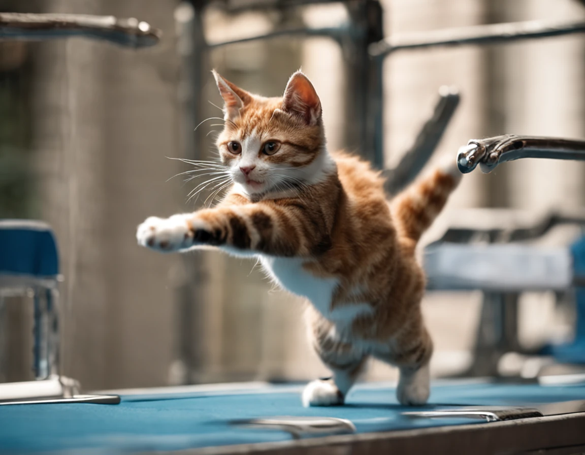 A cute cat jumps in mid-air，Paws reach diagonally ahead of the skewers