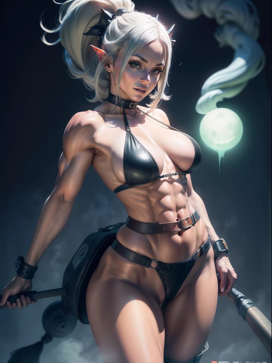 ((One Woman)), One Woman, masutepiece, of the highest quality, posterior view, Queen of the Grey Elves, bikini of, central, Belt bag, Peach Boots, viewer, Face, Portrait, Glowing eyes, Green smoke, Ass, Black background, Raised breasts, Bare skin, facial expression of smile, devil's figure, Docking screen, Muscle Girl, Krautin Gregg Open, Lower body