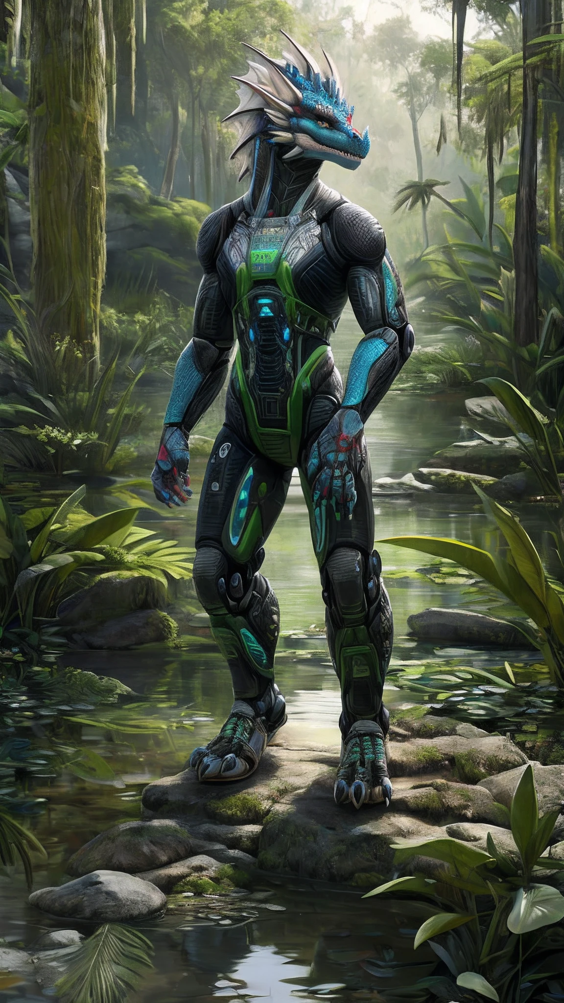 Bionic robot dragon,female,White Hanfu,sandals,Standing in the swamp,HD graphics,Detailed and realistic,high detal,high qulity,photo-realistic,photorealistic eye,Detailed paws,Clear eyes,Masterpiece artwork,Five-fingered hands,top-quality,32k,hyper HD