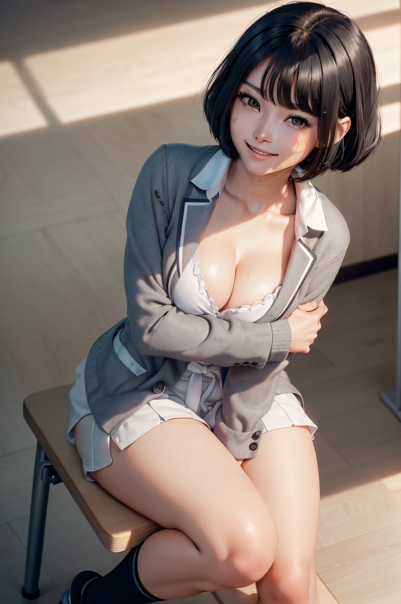 ((8k, RAW photos, top quality, masterpieces), high-definition RAW color photos professional close-up photos, (realistic, photorealism: 1.37), (highest quality), (best shadows), (best illustrations), collarbones ((big)), ((erotic, sexy, ultra high resolution, high-definition CG unified 8K wallpapers, physically based rendering, movie lighting), (aegyo sal:1), 18 year old girl, (grey blazer, ribbon, socks, high school uniform: 1.2), high school classroom, beautiful detail eyes, light on the face, ((full body shot: 1.2)), especially strong light, (upper eyes, grinning smile:1.2),shiny skin, (((black hair, bob hair:1.2))), ( thick thighs), ulzzang-6500-v1.1:0.2, shy, (flash:1.2), NSFW , (puffy), ((seductive posture: 1.2, attractive: 1.2)), (idle), (sitting at a desk in classroom: 1.2)), ((good anatomy: 1.2)), ((bright and refreshing classroom, background blurred: 1.2)), perfect face, cute face, (high angle shot:1.2)