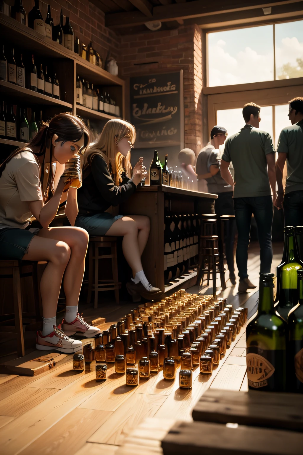 People gathered around a pile of bottles containing beer