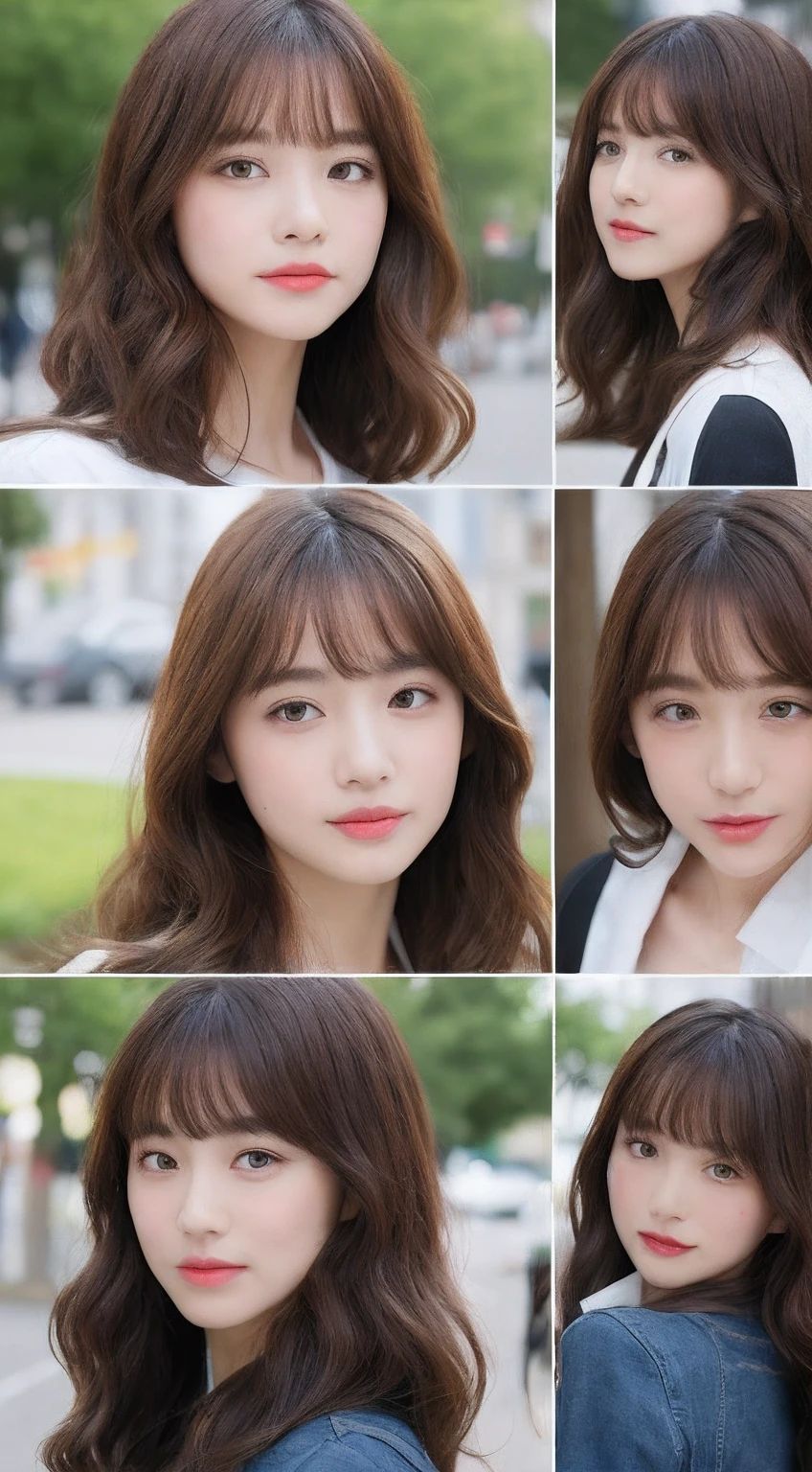 ((top-quality、8K、​masterpiece:1.3))、1girl in、A smile、full body Esbian、Slim Faces、Pretty women、(dark brown  hair)、Full-length dresses:1.1、hyperdetailed face、A detailed eye、二重まぶた、blured background、城市、takeout、a street、Curly hair、a park、frontage、long、eyebrows very、boredom、With bangs