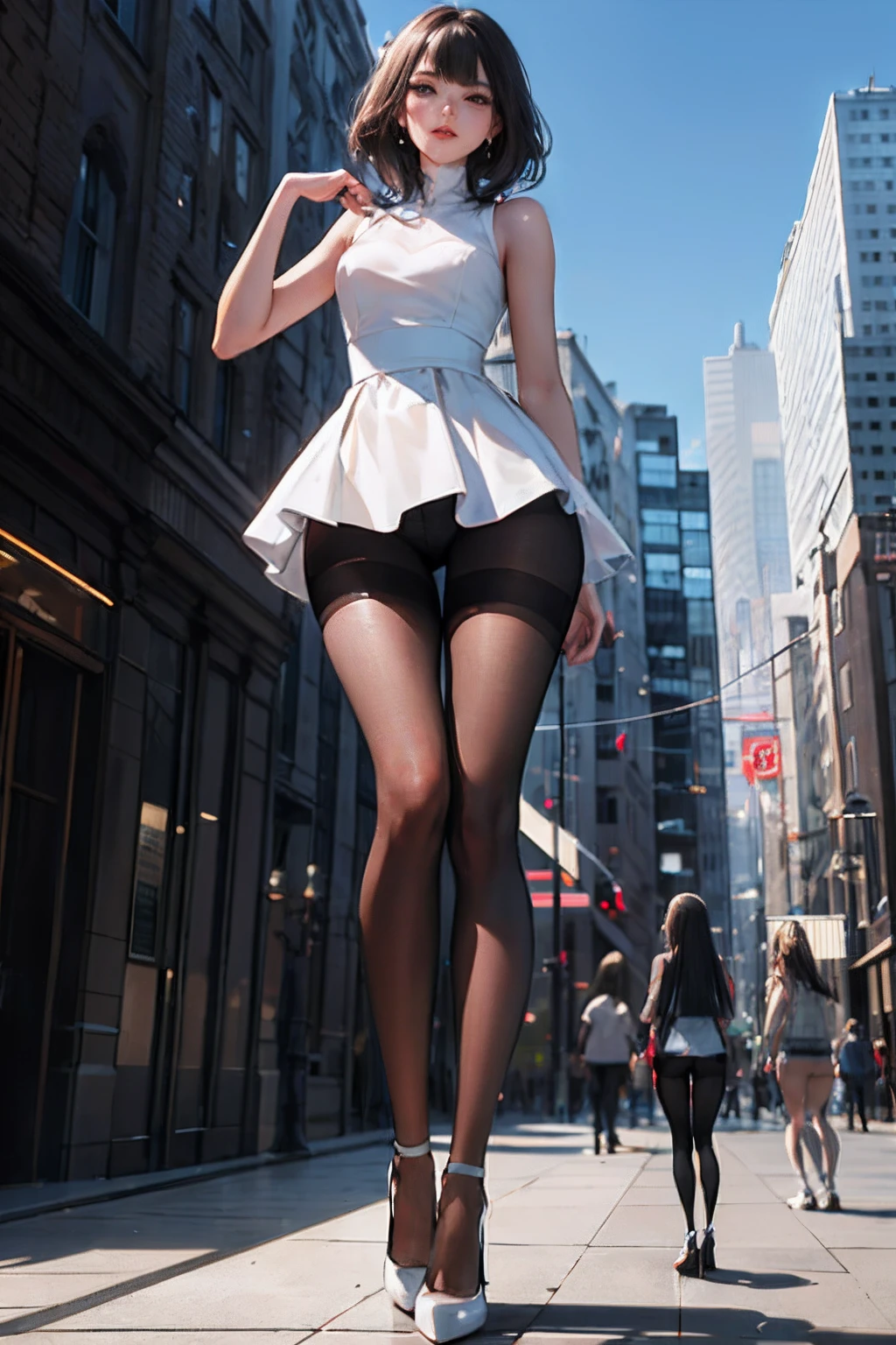 (full bodyesbian:1.5)，(1girll:1.0),(view the viewer:1.4)，(anatomy correct:1.3),(Standing in the city:1.2),(wears a white dress:1.2),(Black opaque pantyhose:1.3),( Girls pointed-toe thick heels :1.1)，(Tall height:2.0),(Accurate and perfect face:1.3),(Girls are taller than buildings:1.9),(Long legs:1.9),hyper HD, Ray traching, reflective light，A giantess，gtscity ，structurally correct, Award-Awarded, High detail, Fade-in and fade-out shadow contrast, Face lighting ，Masterpiece, super detailing, High quality