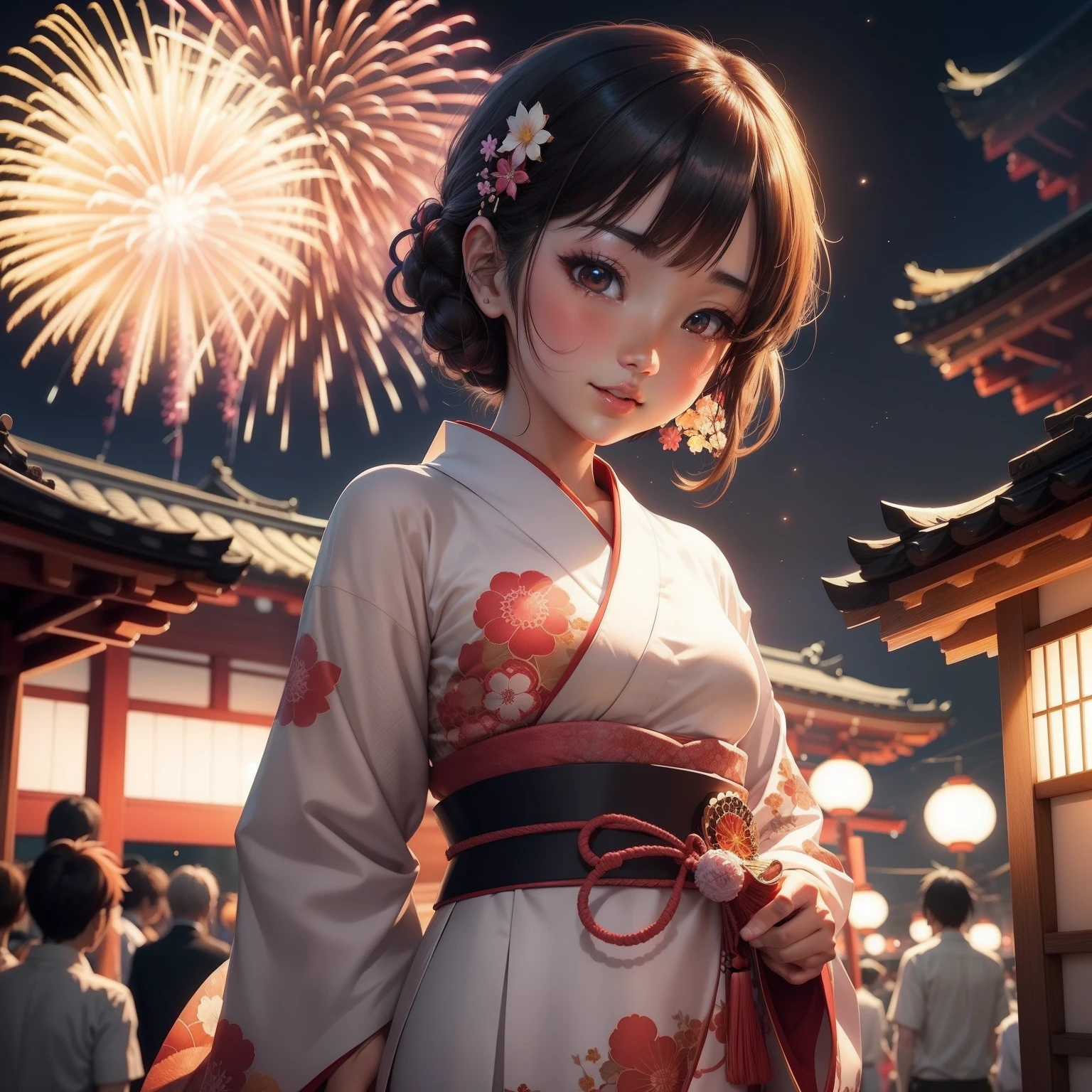 "Japanese Summertime, vibrant night atmosphere, traditional attire, dazzling fireworks, anime-inspired aesthetic, joyful expressions, crystal-clear faces, captivating in 4k resolution., anime, crystal anime, Japanese anime