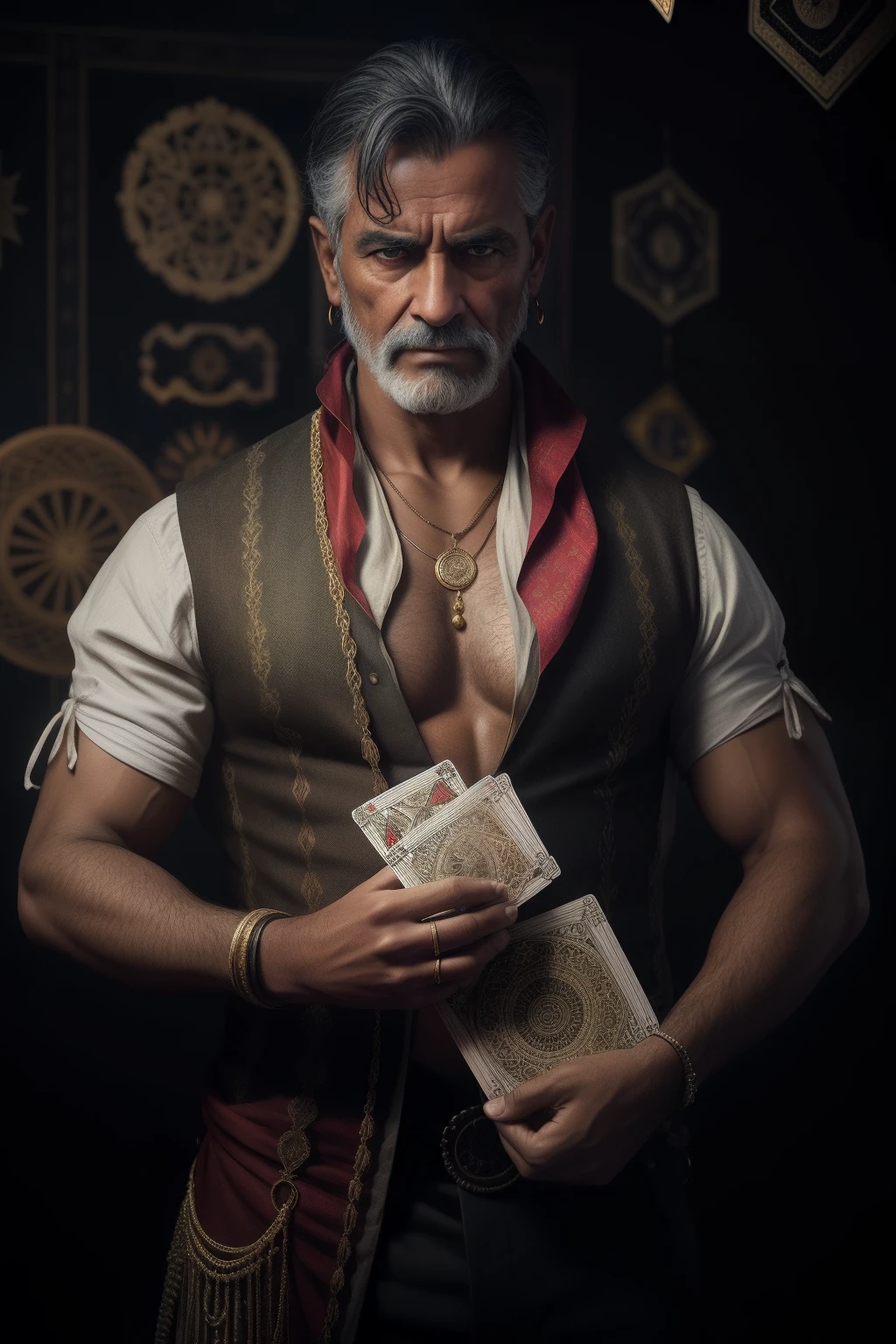 In a gypsy camp on the edge of a shadowy forest, A mysterious man with deep eyes, several necklaces and gold medals around his neck, with a red silk scarf tied around his waist, holds a set of tarot cards between his calloused hands;. His wrinkled face carries the stories of countless trips and experiences, while the silver strands of her hair dance in the wind. Vestido com cores vibrantes que refletem a riqueza de sua cultura, He casts a piercing glance over the cards, as if seeing beyond the barriers of time. While his deft fingers flipped the cards, o ambiente parece eletrificado, and the aura of mystery intensifies, transportando todos os presentes para um mundo onde passado, Present and future intertwine in an enigmatic ballet of symbols and predictions.fotografiarrealista, fotografia, obra-prima, realista, Realismo, renderizado, Alto contraste, digital art photographyrealistic trend in Artstation 8k HD high definition detailed realistic, detalhado, textura da pele, hiper detalhado, textura de pele realista, armadura, melhor qualidade, ultra high-resolution, (fotografiarrealista: 1.4), alta resolução, detalhado, Calado bruto, sharp re, por lee jeffries Nikon D850 Filme Fotografia de Stock 4 Kodak Portra 400 Lente F1.6 Rich Colors Realistic Texture Dramatic Texture Dramatic Lighting Irrealengine Trend on Artstation Cinestill 800