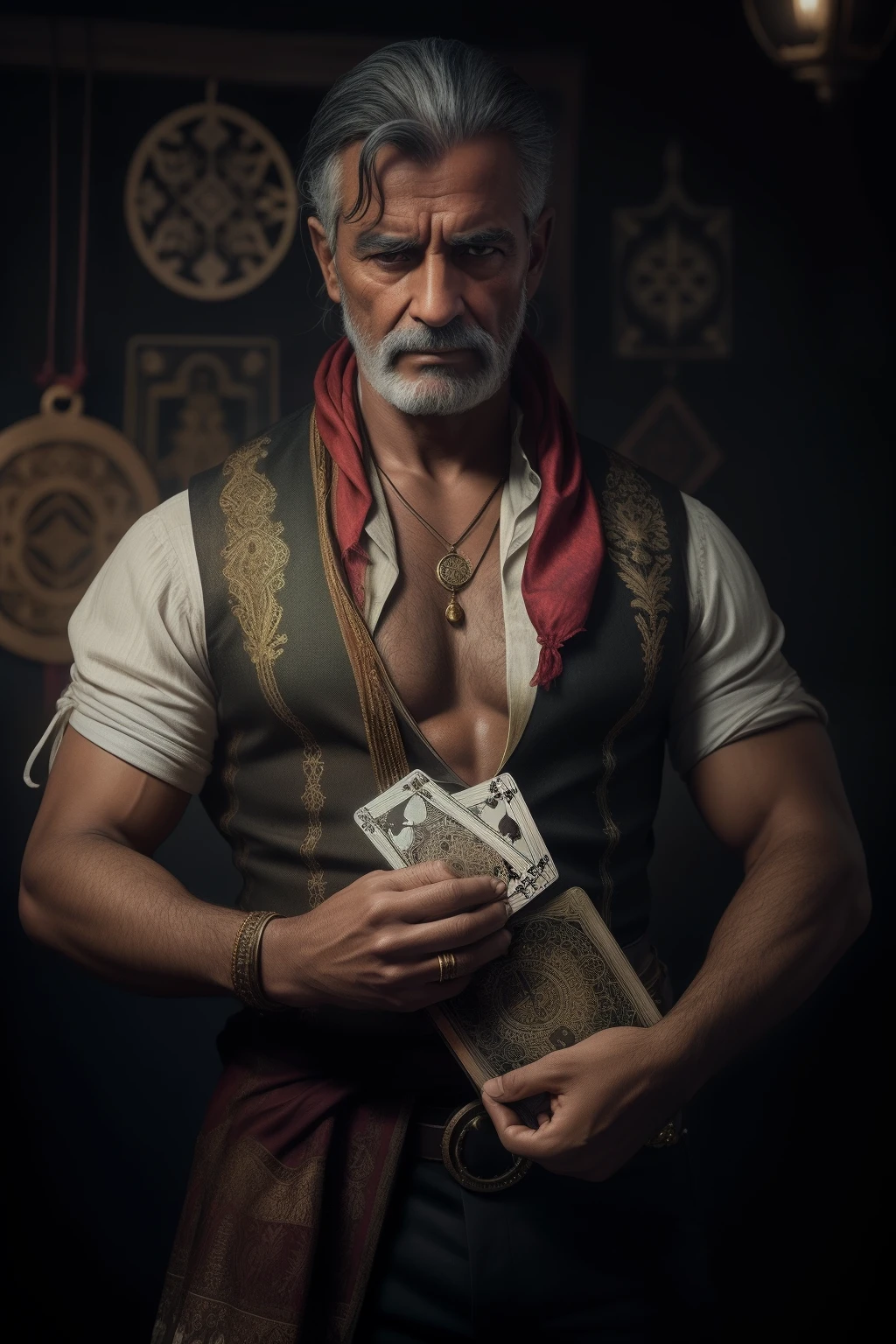 In a gypsy camp on the edge of a shadowy forest, A mysterious man with deep eyes, several necklaces and gold medals around his neck, with a red silk scarf tied around his waist, holds a set of tarot cards between his calloused hands;. His wrinkled face carries the stories of countless trips and experiences, while the silver strands of her hair dance in the wind. Vestido com cores vibrantes que refletem a riqueza de sua cultura, He casts a piercing glance over the cards, as if seeing beyond the barriers of time. While his deft fingers flipped the cards, o ambiente parece eletrificado, and the aura of mystery intensifies, transportando todos os presentes para um mundo onde passado, Present and future intertwine in an enigmatic ballet of symbols and predictions.fotografiarrealista, fotografia, obra-prima, realista, Realismo, renderizado, Alto contraste, digital art photographyrealistic trend in Artstation 8k HD high definition detailed realistic, detalhado, textura da pele, hiper detalhado, textura de pele realista, armadura, melhor qualidade, ultra high-resolution, (fotografiarrealista: 1.4), alta resolução, detalhado, Calado bruto, sharp re, por lee jeffries Nikon D850 Filme Fotografia de Stock 4 Kodak Portra 400 Lente F1.6 Rich Colors Realistic Texture Dramatic Texture Dramatic Lighting Irrealengine Trend on Artstation Cinestill 800