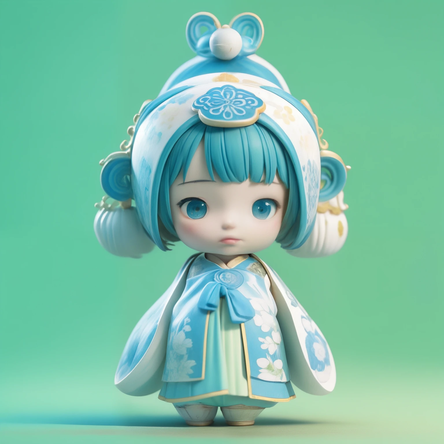 A cute  Chinese girl is made of blue and white porcelain，Cyan and white，full bodyesbian， Create a full-body 3D model full of elements of ancient Chinese culture， Charming and moving，claymaterial，delicate glow，Blander，C4D，Popular supermarkets，looking at viewert，bored pose， 8K