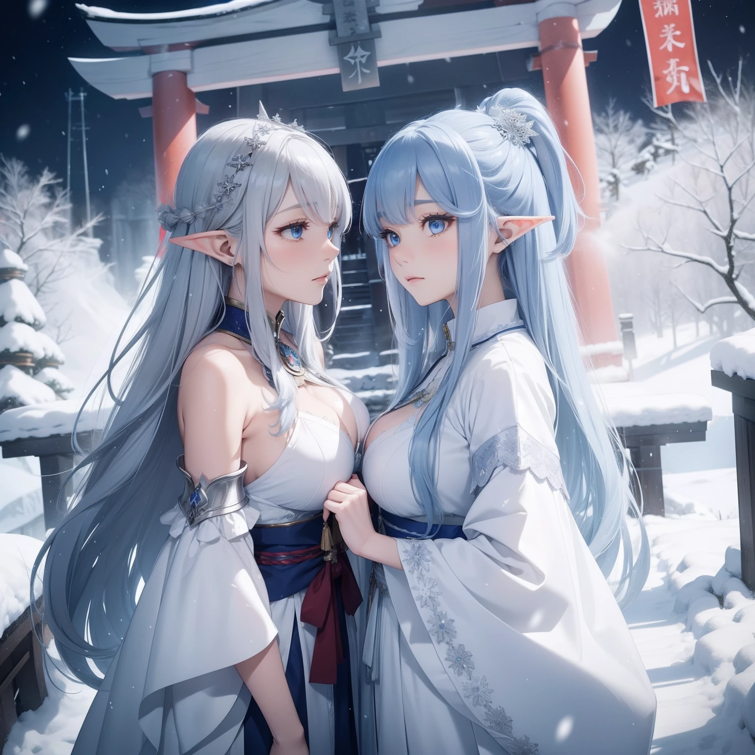 nsfw,Masterpiece,bestquality,flat colour,night, 2girl,nude ,ONLY nude,sexy,perfect boobs,no cloth BREAK,perfect face,perfect body,full body,closed eyes,COLORED HAIR,LONG HAIR,Curly hair,BREAK,looking each other,face to face,talking,look focus,BREAK,magic circle on the ground, with thunder,thunder arround them BREAK,they are on the top of a mountaine pic,snow,there is a tempest in the background