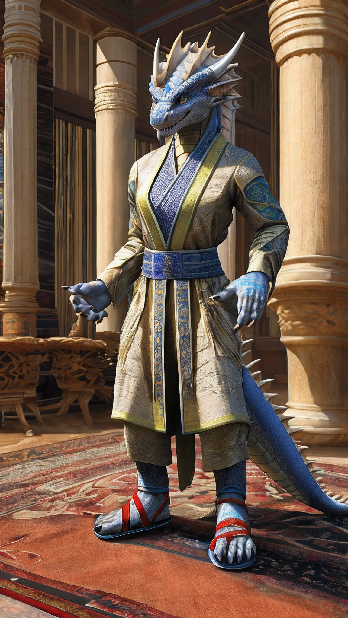 Bionic dragon,female,White Hanfu,sandals,Standing on the carpet in the hotel,HD graphics,Detailed and realistic,high detal,high qulity,photo-realistic,photorealistic eye,Detailed paws,Clear eyes,Masterpiece artwork,Five-fingered hands,top-quality,32k,hyper HD