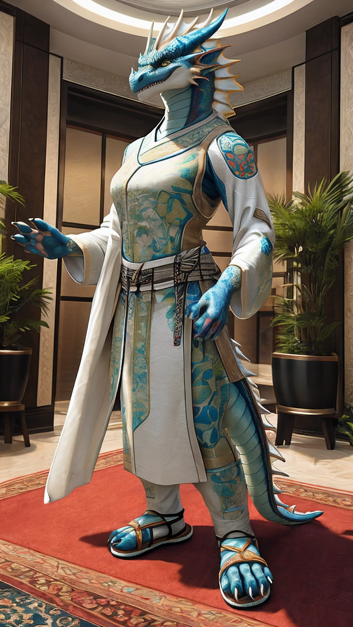 Bionic dragon,female,White Hanfu,sandals,Standing on the carpet in the hotel,HD graphics,Detailed and realistic,high detal,high qulity,photo-realistic,photorealistic eye,Detailed paws,Clear eyes,Masterpiece artwork,Five-fingered hands,top-quality,32k,hyper HD