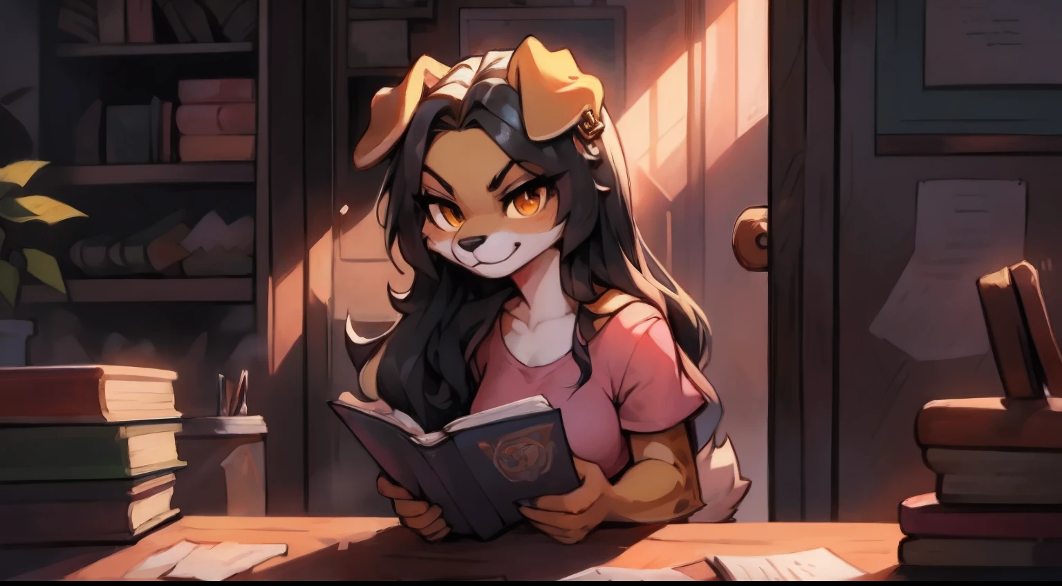 a portrait cartoon picture of an adult female dog with long hair and a pink shirt, long-haired humanoid fursona, female furry mini cute style, female fursona, portrait of ((mischievous)), furry character portrait, lowres, headshot of young female furry, furry fursona, oc commission, she has only have blond fur color with a lot of big brown fur spots that cover all around her body, no white fur color, she have amber eyes, she has long black hair, she has one silver earring on her right ear, she has big floppy dog ears that bend forward, she is sitting on a chair, there's a table in front of her, there are papers on the table, there are stacks of books on the table, she is holding a book, she is looking at the paper, she is alone, detailed face