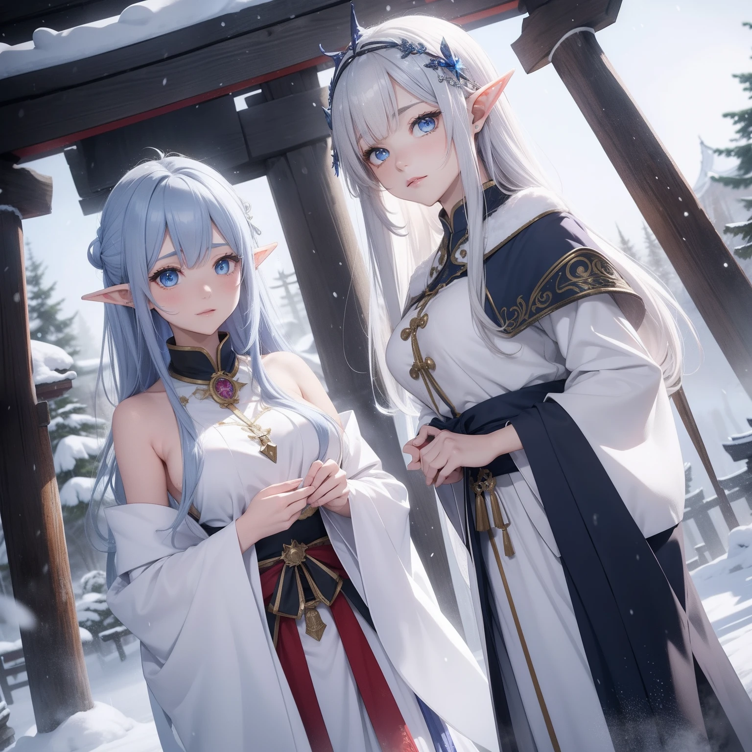 Mystical Moonlight、Two elves in priestess uniforms、Snow piling up on the torii gate of the shrine、snowflakes falling、Two Elven Priestesses、Drenched priestess uniform、ears are pointed、Shooting from an angle、Hair fluttering in the wind、Raking up your hair、wetted skin、Colossal tits、sensual breasts、 Hi-Res、Shaded face、Blue eyes、Ash gray hair