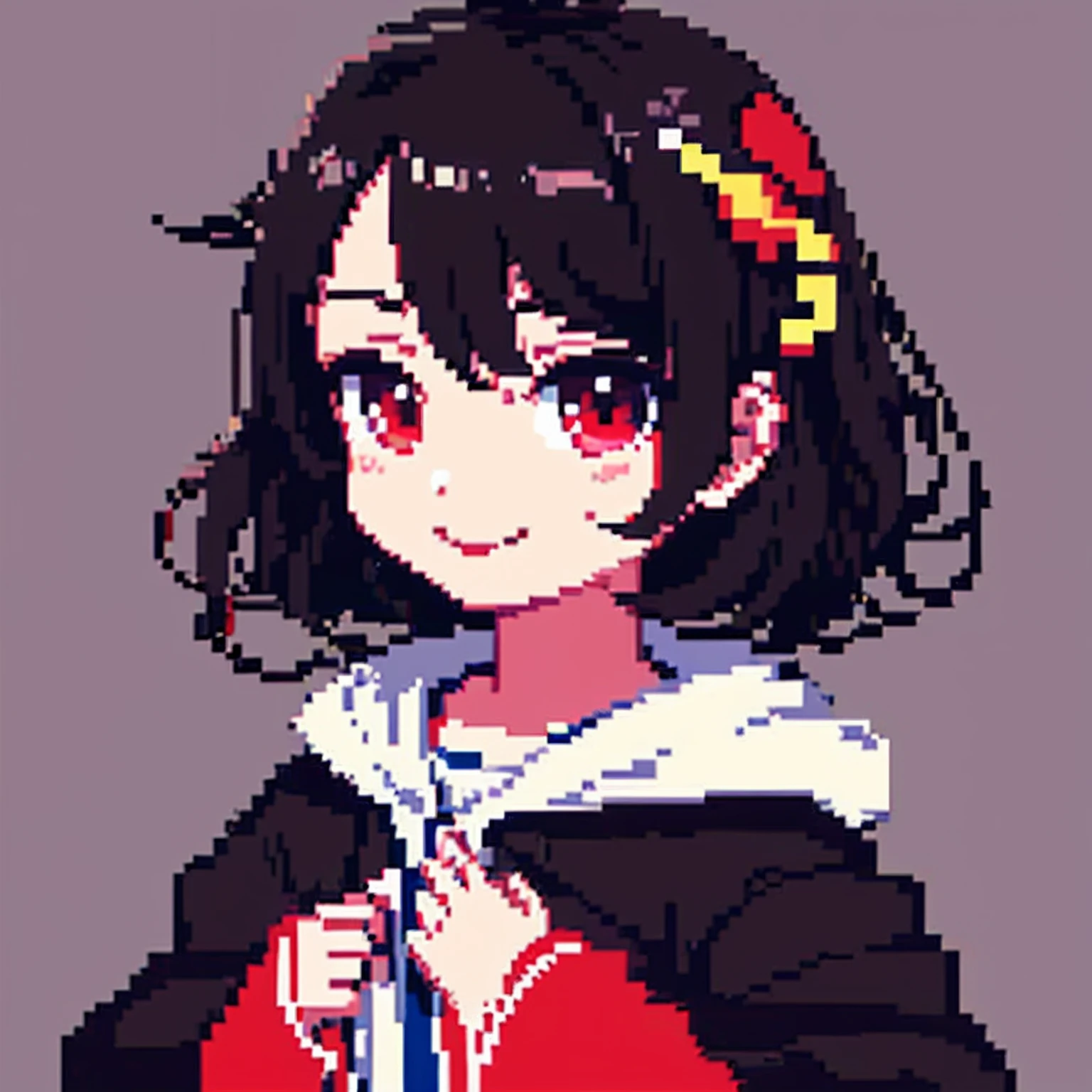 arte de pixel, obra de arte, pix, 1 , Cabelo preto, Corante rosa, olhos rosa, cabelo curto detalhado ,capuz, , , rosto apenas, vivacidade, He pursed his lips and smiled, Estilo Anime, bonitinho, nu, hentai, fundo simples, Fundo de contraste
