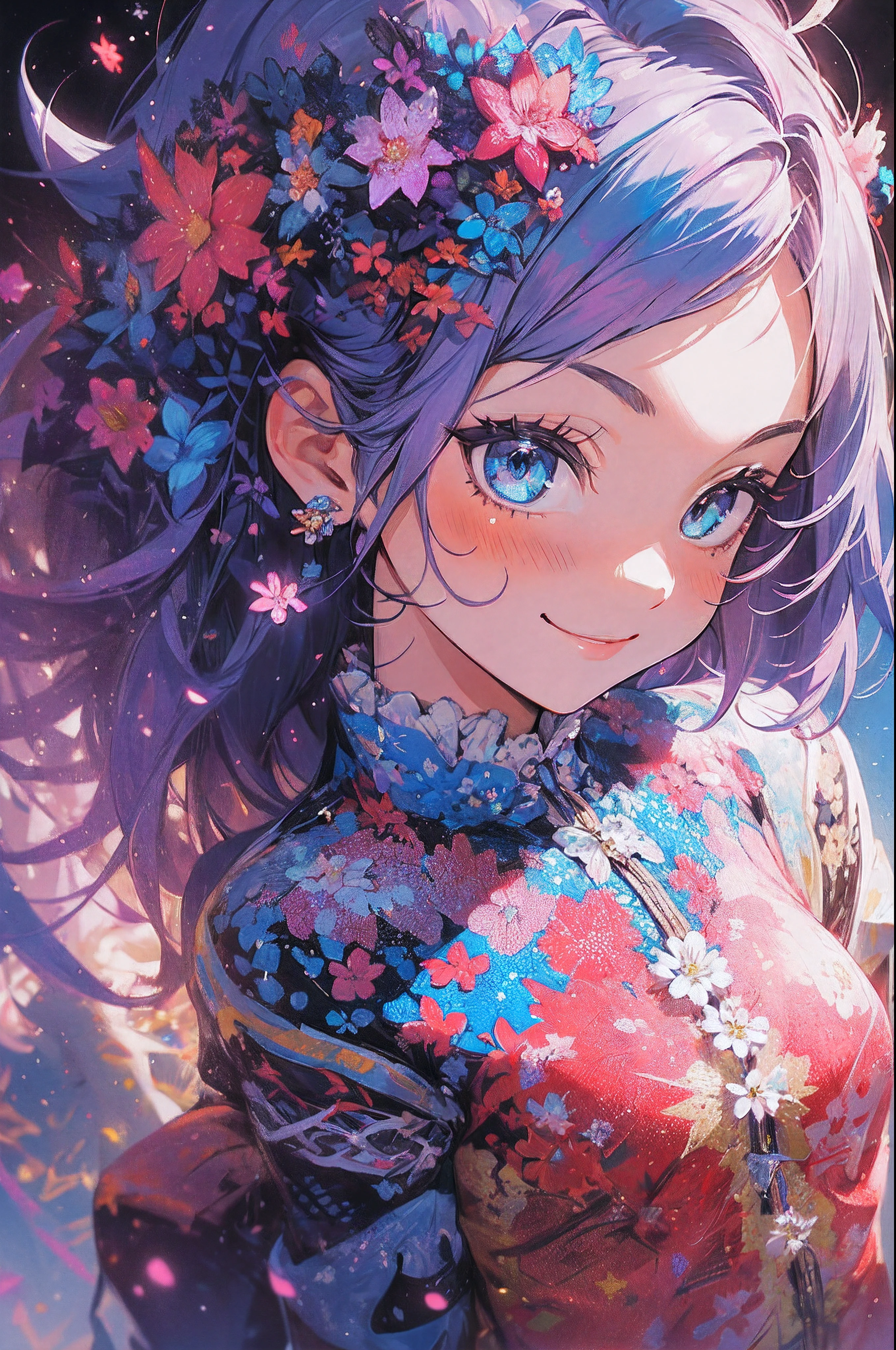 ((Flower dress),((flowercrown))，innocent smiles，(1 girl, Solo:1.6),(Cute smile),(Clothes are simple), (Best Impact:1.5), (maximalism:1.7), Vivid contrast, (Realistic), hyperrealistic illustrations, hight resolution, ultra-detailliert, absurderes,(Fractal Art:1.3)、Random hairstyle、Random hair color colorful、FULL BODYSHOT、Retro、Precise focus、randome pose、cinema4d、Drama