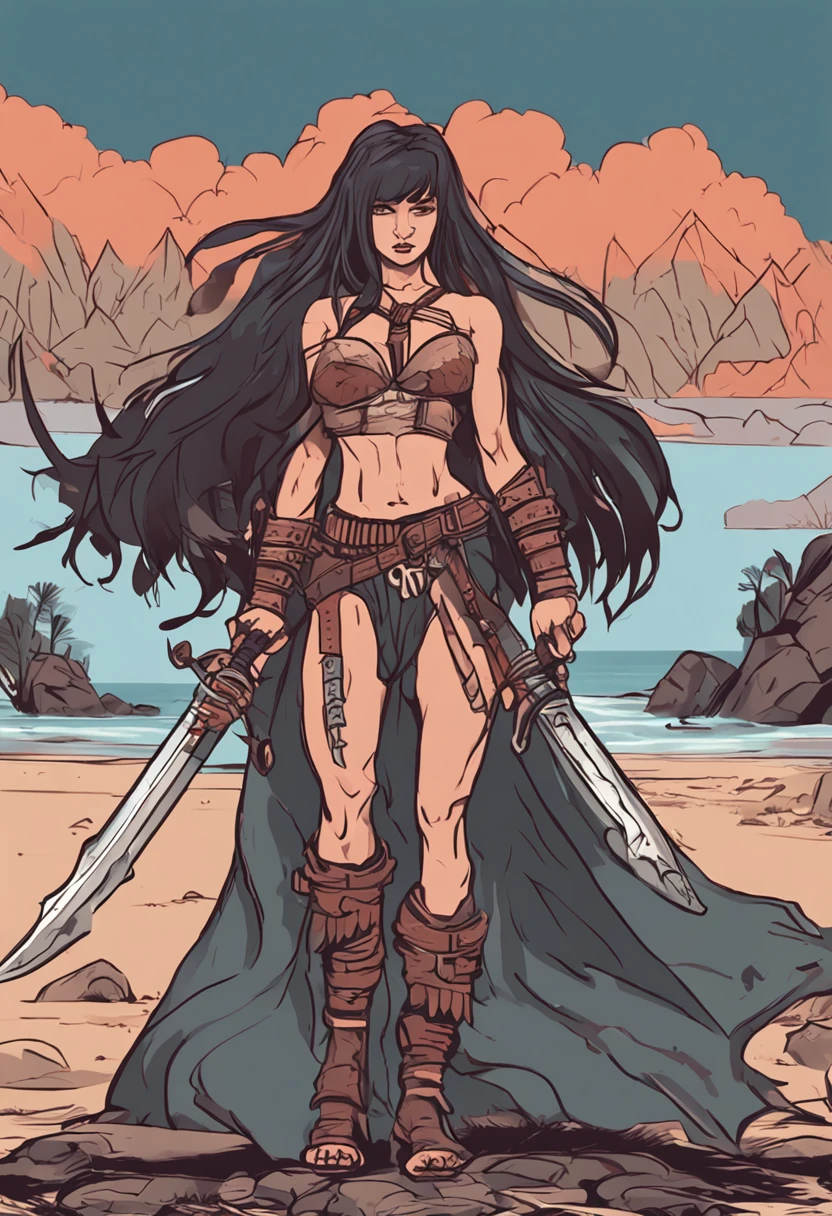 Barbarian young woman with long hair holding two big swords on the left and right anime style