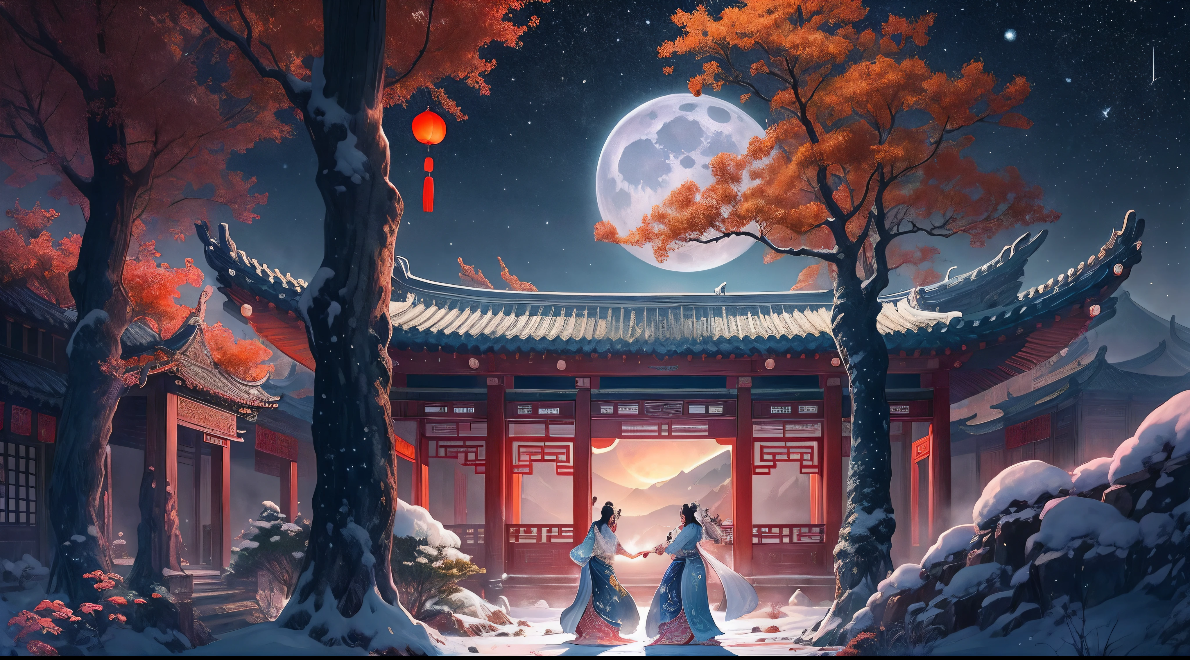 (Ancient Chinese beauties dancing:1.2),Surreal CG rendering ancient China,Jiangnan ancient buildings and ancient towns have Yaolin wonderland。the night,the huge moon:1.5,The stars are bright,The smoke is fascinating,Maple leaves and milk leaves are trees。snow landscape。k hd