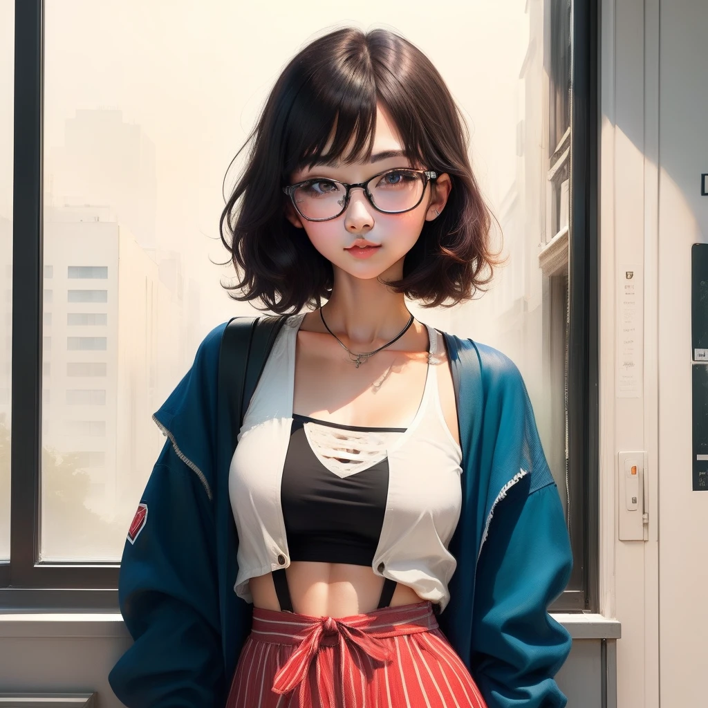 1girl, ai_mie, medium hair, glasses with hot clothes