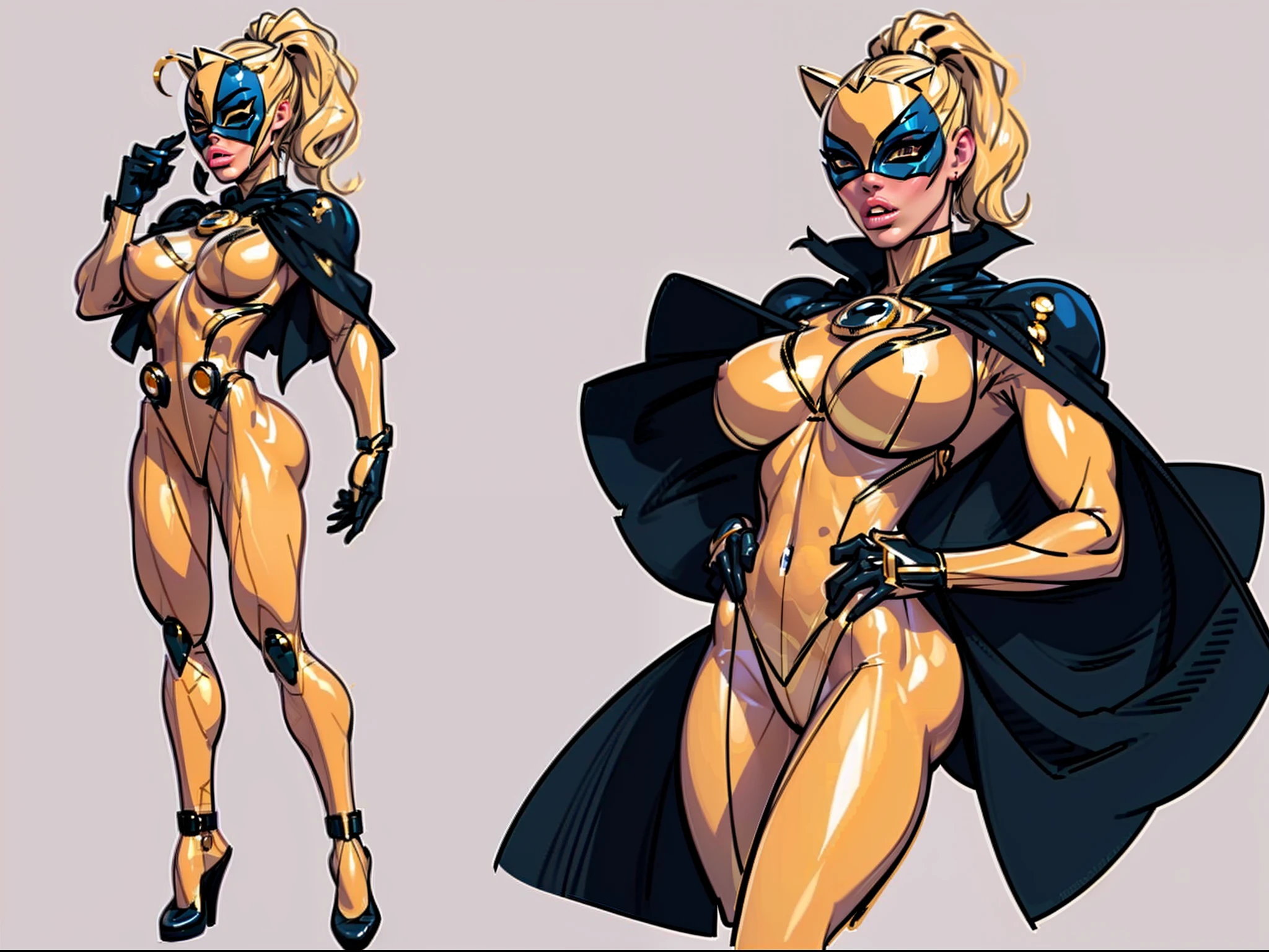 ((masterpiece)),(((best quality))),((character design sheet)), ((full body view)) illustration,1girl, muscular, ((blue and gold bodysuit:1.6)), (masked over eyes:1.6) (gold and black color palette:1.4) superhero, (black ponytail:1.4), (puffy lips:1.6) (black cape:1.4) beautiful woman, (small breasts:1.3)(black legs:1.3)shiny skin, (gold emblem on chest:1.2),scribbles and marks, rough sketches, pose, 8k,16k, (simple background, white background: 1.3)(gigantic breasts:1.0)