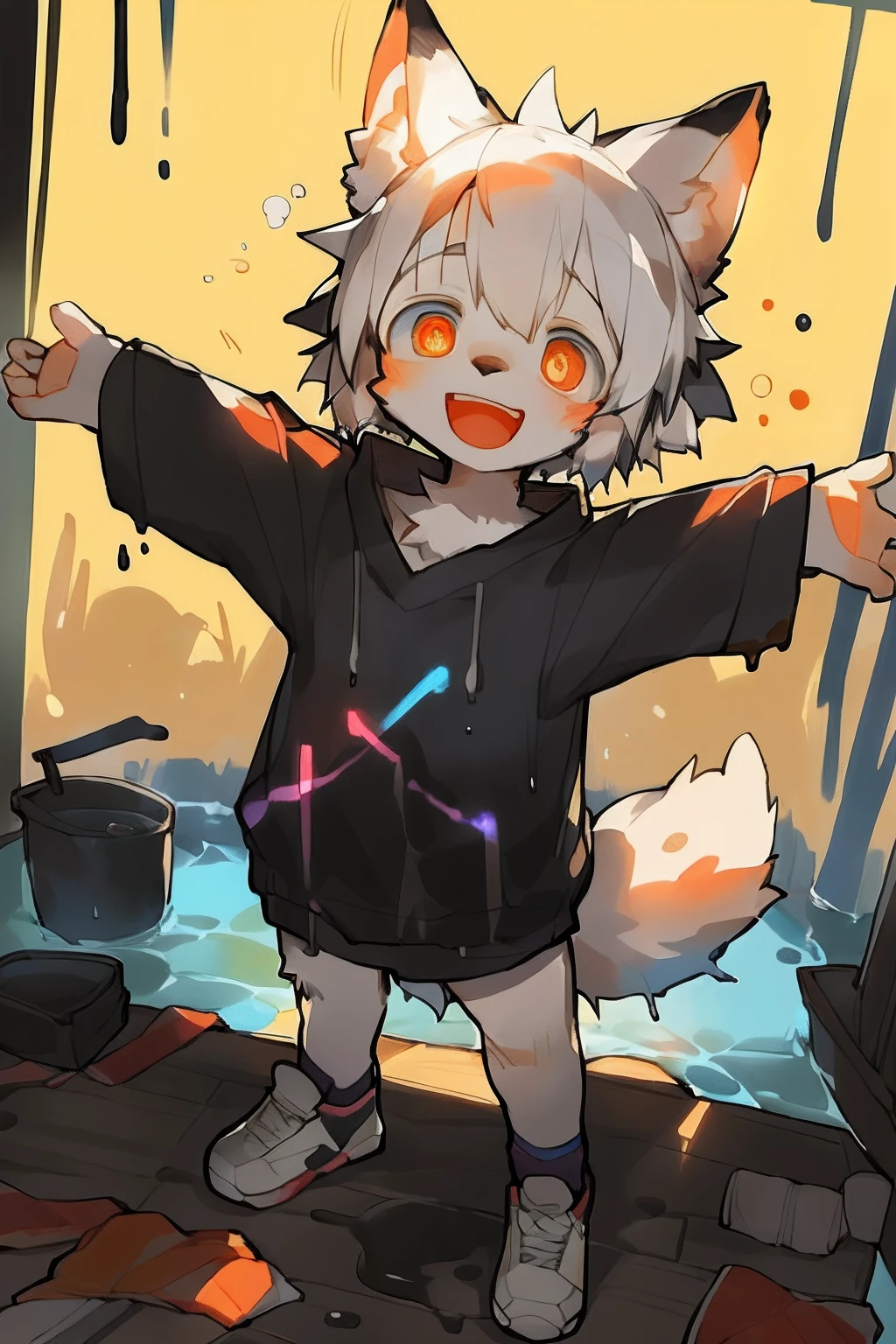 masterpiece, best quality, perfect anatomy, bright eyes, detailed eyes, furry, wolf, (felis:0.25), male, solo focus, cute, smaller male, tail, baggy clothing, wet clothing, sneakers, spread arms, laugh, oil paint, high-angle view, neon, by milkytiger1145, by k0bit0wani, by yupa