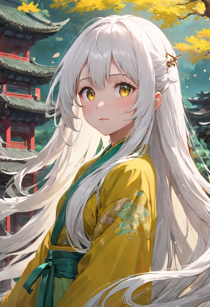 long white hair,Yellow and green clothes,China-style,444 Hz, Beautiful, Breathtaking, Highly detailed, 8K, Use, Affectionate, Ultra photo realsisim, scenery