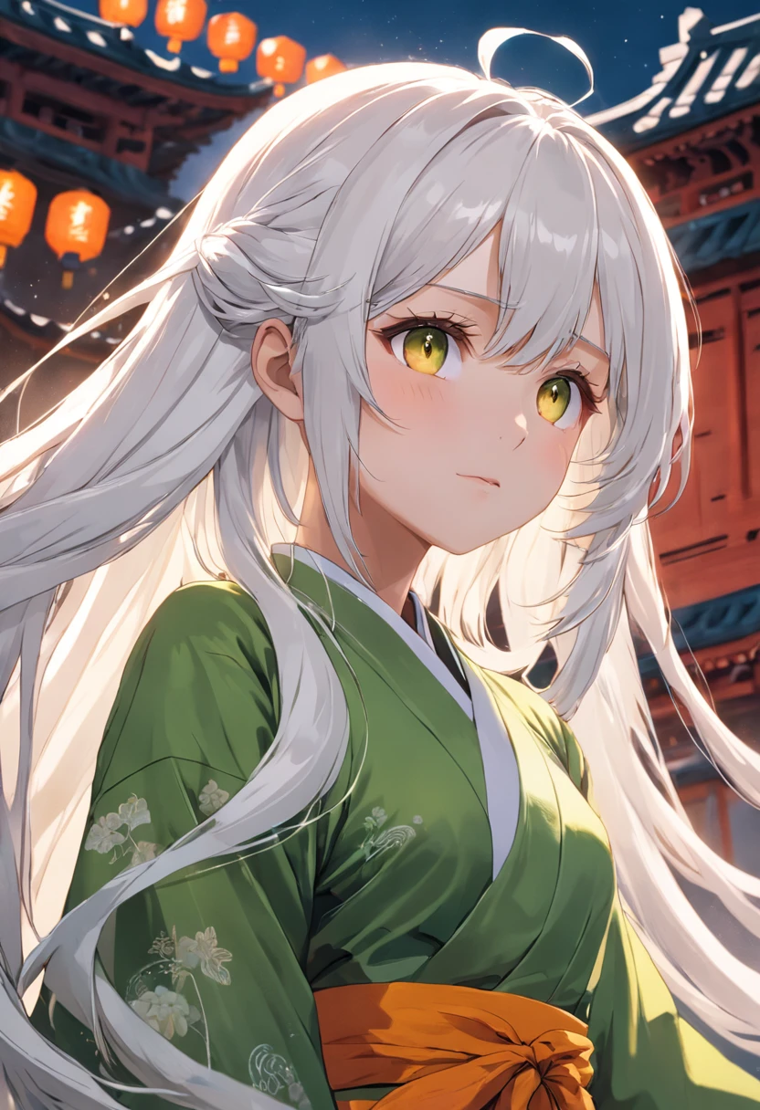long white hair,Yellow and green clothes,China-style,444 Hz, Beautiful, Breathtaking, Highly detailed, 8K, Use, Affectionate, Ultra photo realsisim, scenery