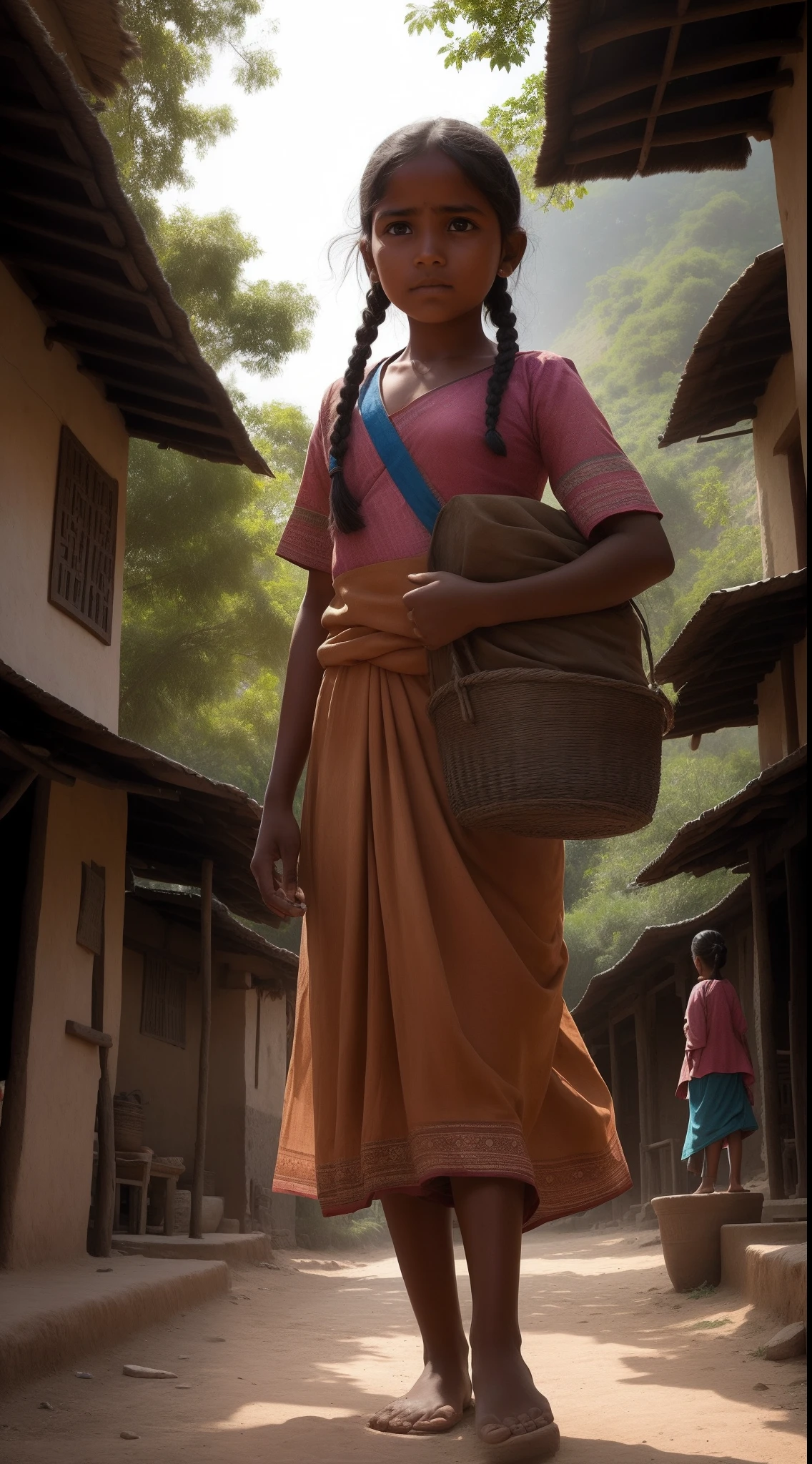 The image shows a 12 year old Indian village girl standing with books in hand before a towering, intricately carved ancestral temple. The young girl has a determined expression on her face, her long dark braid blowing back as beams of sunlight stream down illuminating her. Shadows from the looming ancient temple stretch across the ground behind the girl.
In the background, villagers go about their daily routines - mature women in saris carrying clay water pots upon their hips, farmers tilling fields, barefoot children playing and chasing chickens. The world around the adolescent girl seems locked into tradition's age-old repetitive rhythms and rituals.
But the light upon the 12 year old's eager face symbolizes the glow of knowledge, awakening, and progress she deeply yearns to bring to the ignorant, isolated village. The image conveys this young girl's defiant stance - one of hope and idealism facing down the looming shadows of stagnant customs, regressive superstitions, and the closed minds of the village elders.