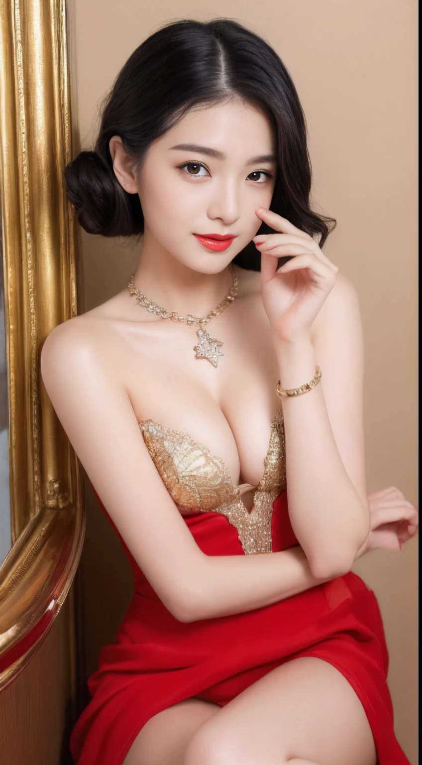((An ultra-high picture quality、top-quality、8k picture、masterpiece:1.3))、Crisp focus:1.2、Beautiful woman with perfect body shape:1.4、The most beautiful face、Super Slender、abdominals:1.2、((Gold Hair、medium cut、Beautiful breasts:1.2、tchibi、)Best Blonde、)、Perfect blonde、a wet body:1.5、Very delicate skin texture、A detailed eye、二重まぶた、Ukrainian、15yo student、15-year-old Ukrainian、Perfect five-finger、Delicate and perfect hands、perfect arms、perfect leg、perfect foot、night city background、Inside a luxury cabaret、perfect eyes、Perfect makeup、red-lips、A slight smil、open the legs widely、Delicate hair、skinny body、Ganimata leg opening、Hands behind the body、bich、high quality make up、Gorgeous and elegant hair、Bewitching face、Best Makeup、The cutest beauty in the world、Best Hair Styling、Stylish hair and makeup、The cutest in the world、Sleepy face、(Gorgeous and elegant finest red dress、)The finest red dresses、Wear hair ornaments、Simple piercing、Glamorous atmosphere、Wear high-heeled shoes、Wear a luxurious necklace、Short stature、tchibi、Infant face、Wearing the most glittering luxury bracelet、Wearing a diamond anklet、Gentle face、Bun Hairstyles、Young Face、Innocence、Overall dark、Lolita Face、a baby face、Sexy Cabaret Cast、Sexy face、Sexy little girl、Chic and classy dresses、Everything is very beautiful、Lace luxury panties are visible、Finest Corset Dresses、Long Cabaret Dresses、