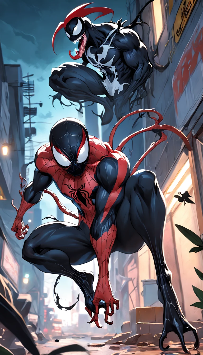 Homem aranha e Venom lutando , Standard scenario , roupas tradicionais , olhar fixo , imagens sem deformidades , melhor qualidade em tudo , obra prima