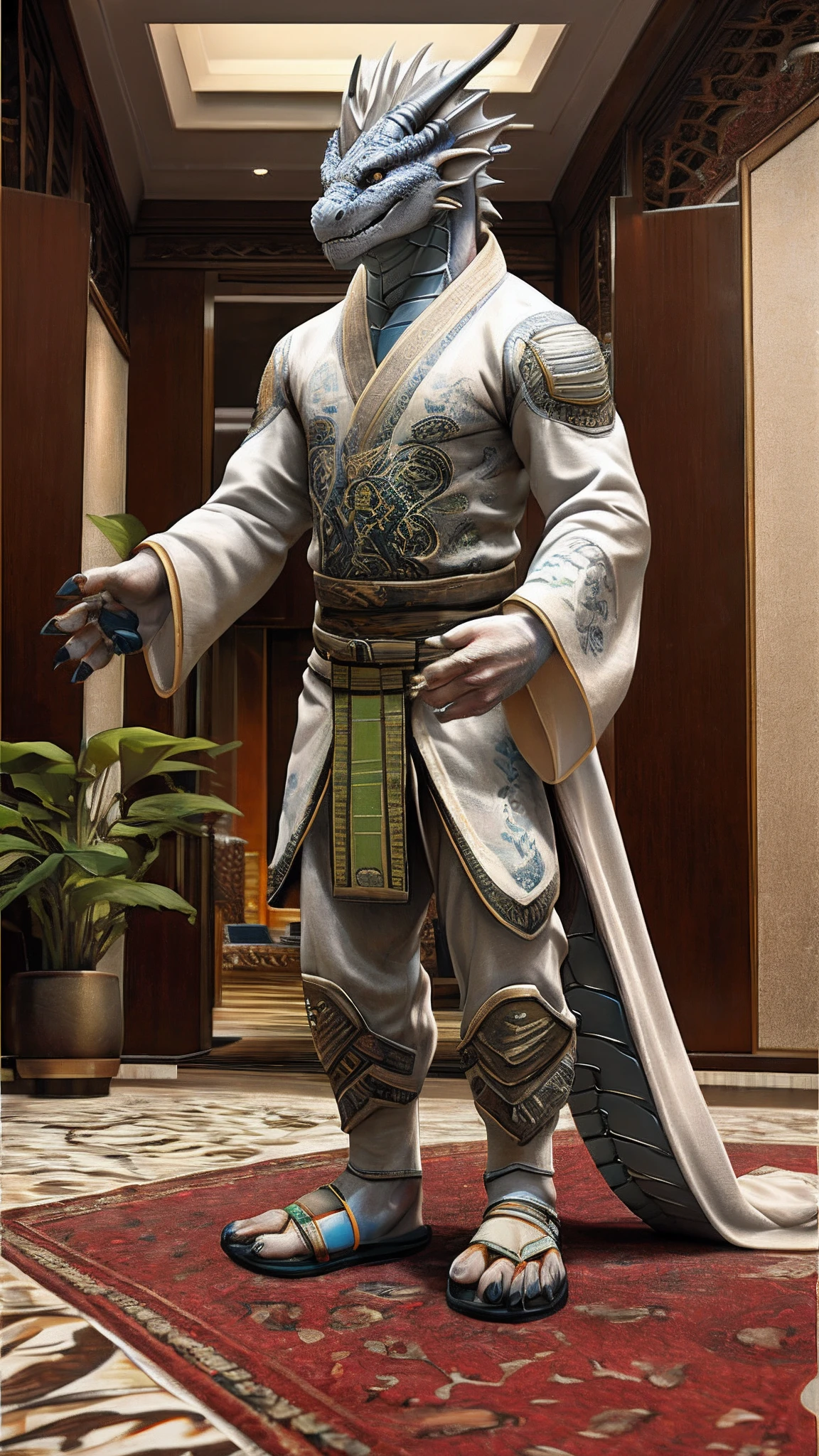 Bionic dragon,male,White Hanfu,sandals,Standing on the carpet in the hotel,HD graphics,Detailed and realistic,high detal,high qulity,photo-realistic,photorealistic eye,Detailed paws,Clear eyes,Masterpiece artwork,Five-fingered hands,top-quality,32k,hyper HD