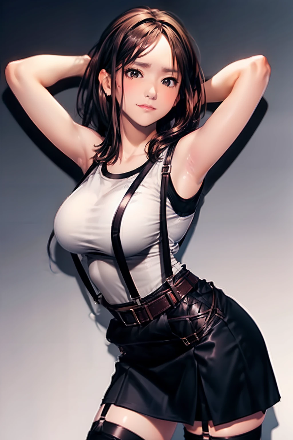 Black skirt, Black Tank Tops　suspenders, Brown hair short, Gray eyes, Garter belt on the legs, Tight clothes, 　　 a belt　Armpit sweat　　deadpan　large full breasts