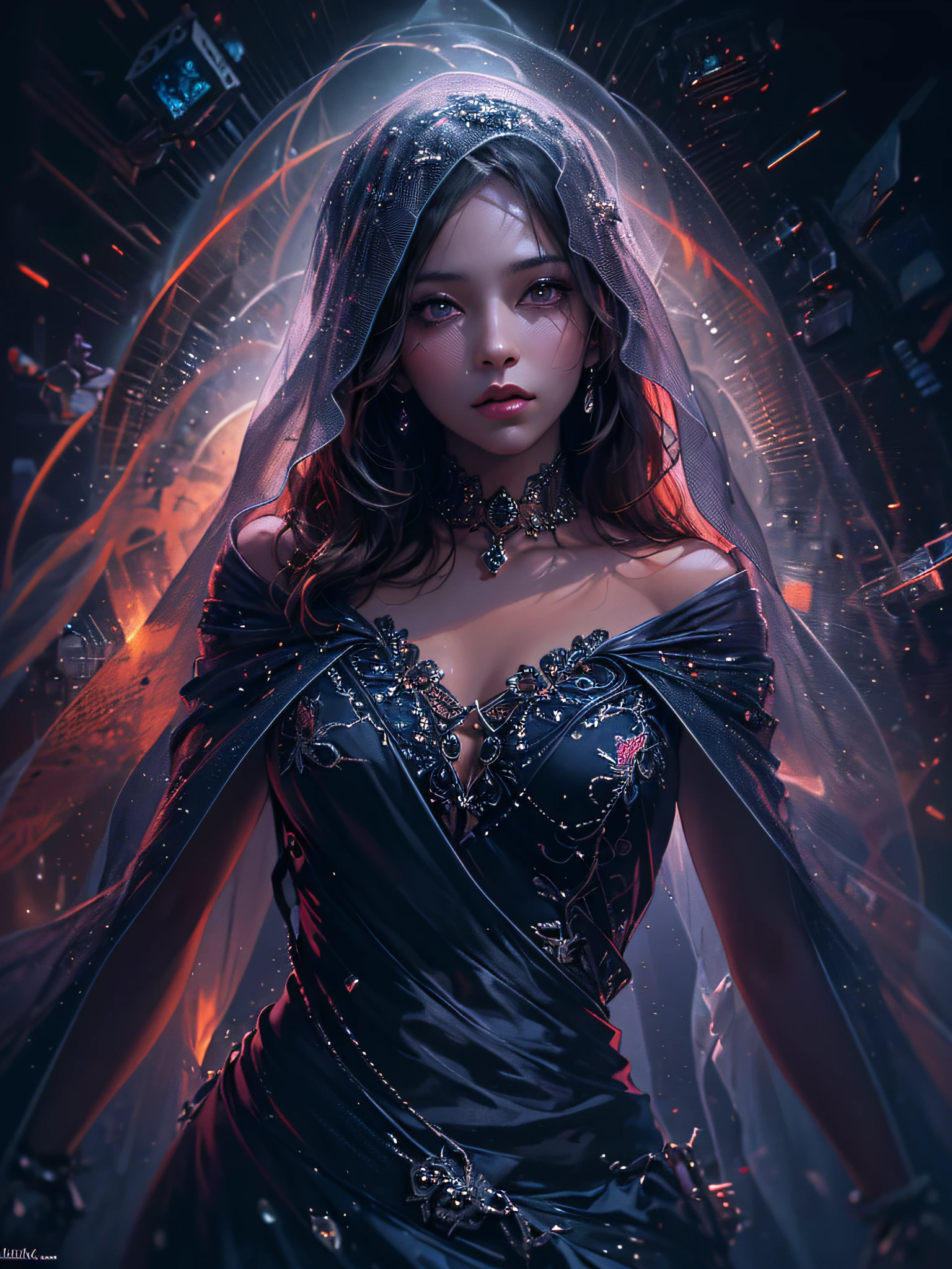 (official art, unity 8k wallpaper, ultra detailed, beautiful and aesthetic, masterpiece ,best quality, photorealistic:1.3), (a beautiful woman in a see-through navy dress:1.3),(veil of light, Veil with light particle effect:1.2), (fractal art:1.2) , (dynamic angle), (black and purple background, darkness, rainbow-colored aura floating in the darkness:1.3), (shiny skin), elegant, realistic style with fantasy elements , charming realistic characters, shiny skin, Surrealism,