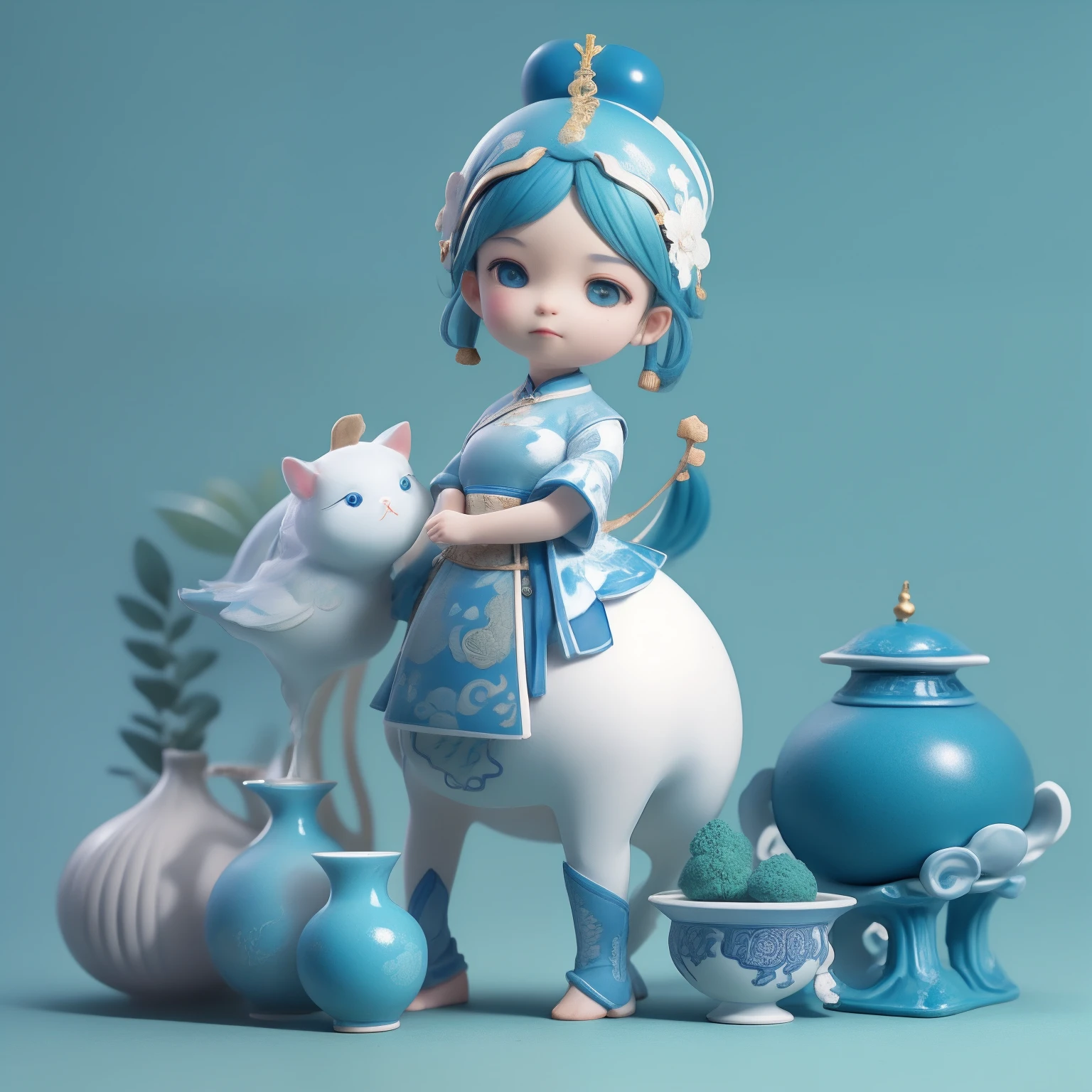 A cute little Chinese girl is made of blue and white porcelain，Cyan and white，full bodyesbian， Create full-body 3D models filled with elements of ancient Chinese culture， Charming and moving，claymaterial，delicate glow，Blander，C4D，Popular supermarkets，looking at viewert，bored pose， deep dark background，8K