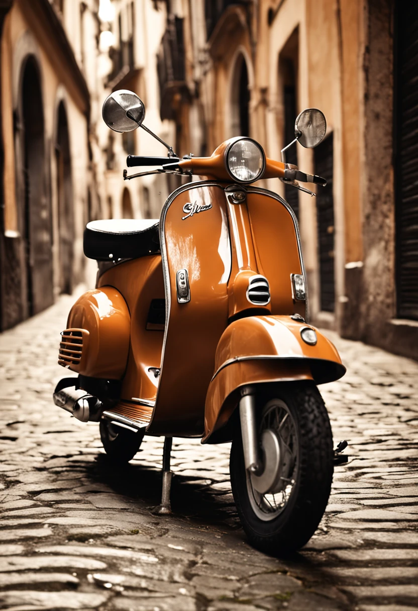 Create a sepia-toned vintage-style photograph featuring an Italian Vespa scooter parked gracefully on a cobblestone street. The Vespa should be a classic model with elegant curves and details. The scene should capture the essence of a traditional Italian street, with charming buildings and a relaxed ambiance. The lighting should reflect the warm tones of the golden hour, creating soft shadows and a nostalgic atmosphere. The overall composition should evoke a sense of timeless beauty and transpor