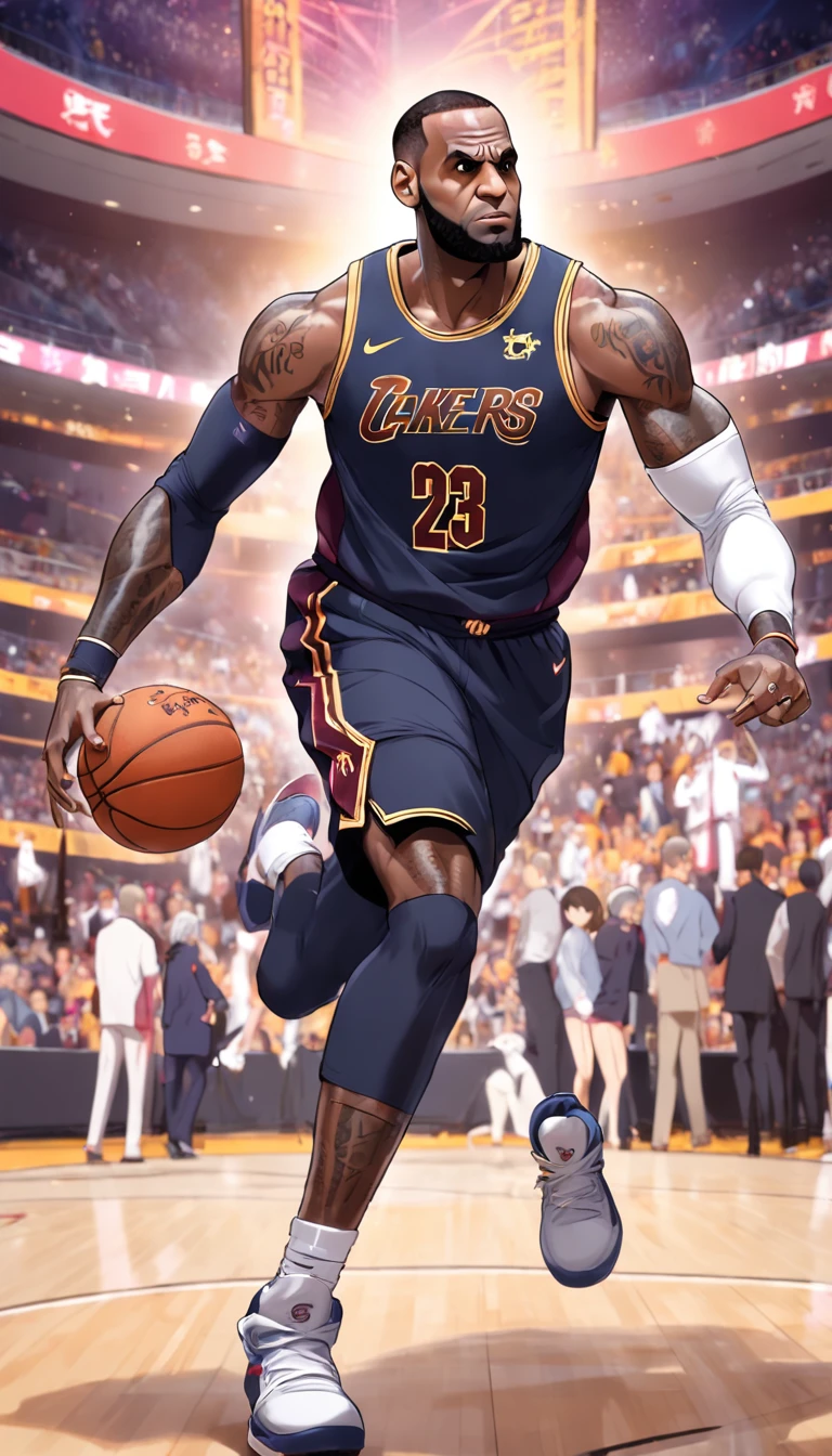 LeBron James jogando basquete como personagem de anime , Standard scenario , roupas tradicionais , melhor qualidade em tudo , obra prima