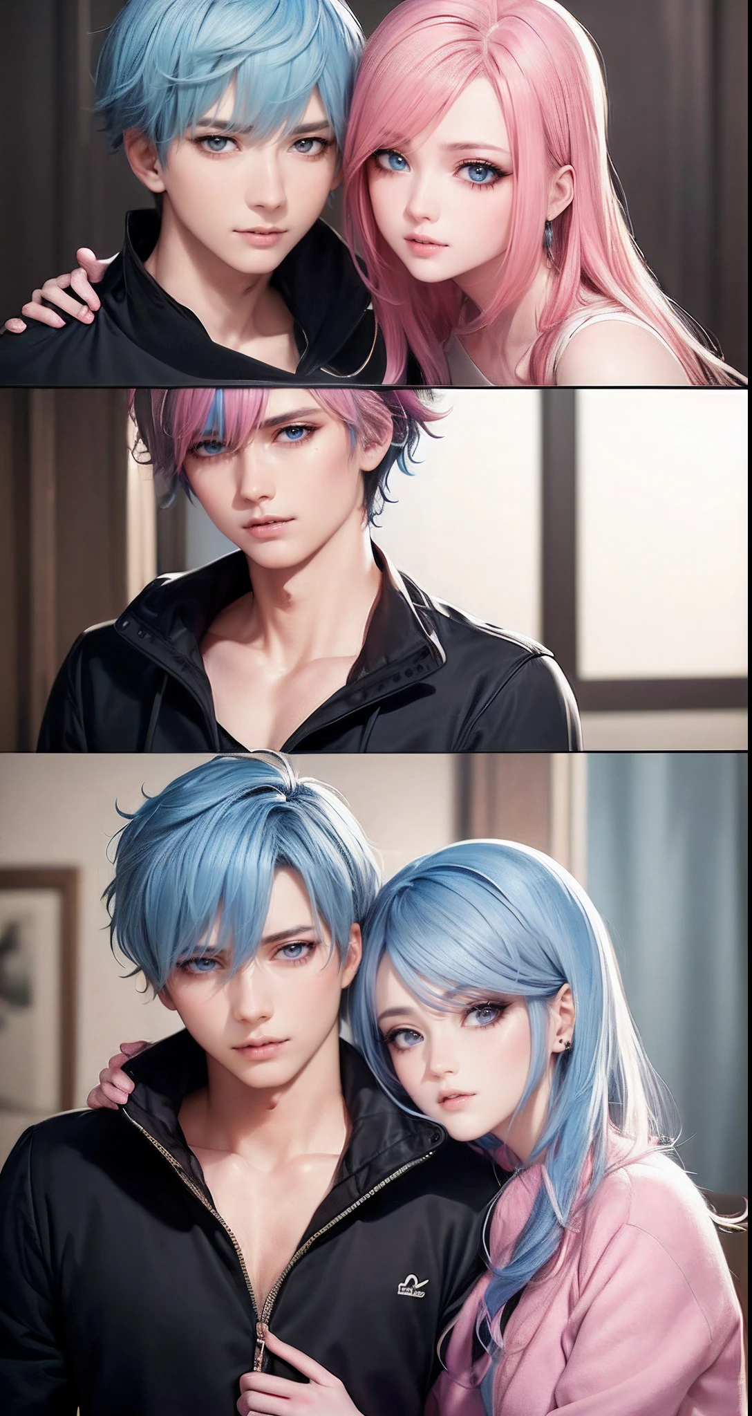 ((Male and female couples)), window, Idol Photos, Magazine covers, Photos of actors, Professional Photos, Height difference, tall male, Happiness, youthfulness, extra detailed face, detailed punk hair, very detailed character, inspired by Sim Sa-jeong, Cai Xukun's, detailed realistic faces, highly detailed realistic face, high detailed face anime, realistic detailed face, Accurate detailed face, attractive androgynous humanoid, Cool Korean fashion in black, ((With a man with light blue hair)), ((Woman with pink hair)), ((Woman with long hair below waist)), ((Man with short hair over ears)), ((Pink hair woman with gentle expression)), ((Man with light blue hair with wild expression)), high-level image quality, ​masterpiece, Photographed so that the whole body can be seen, Photographed to make clothes look beautiful, Take your eyes off, ((two individuals)), ((British couple))