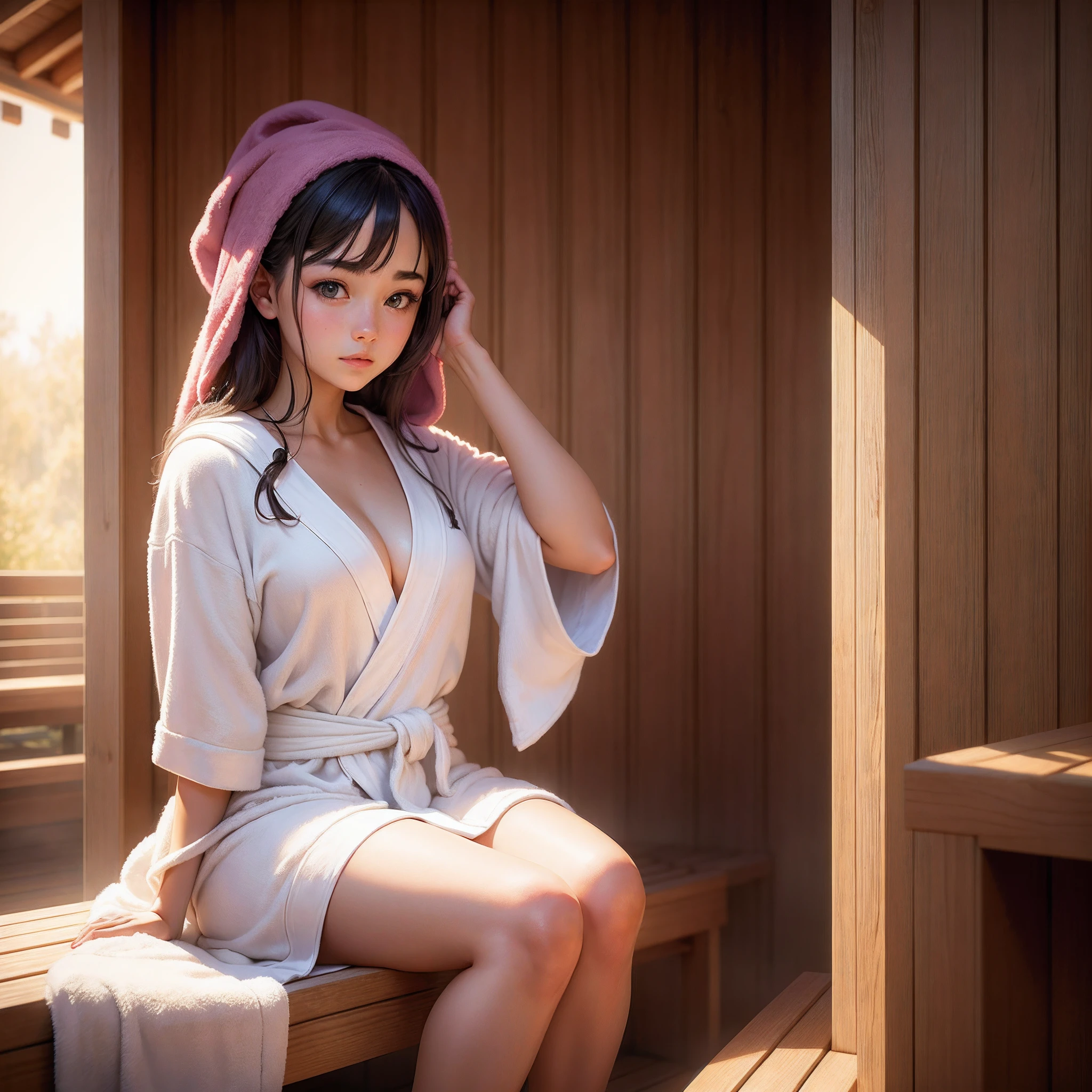 sauna, Beautiful girl sitting on a bench in a bathrobe, bath towel on the head, HDR, Colorful, best light