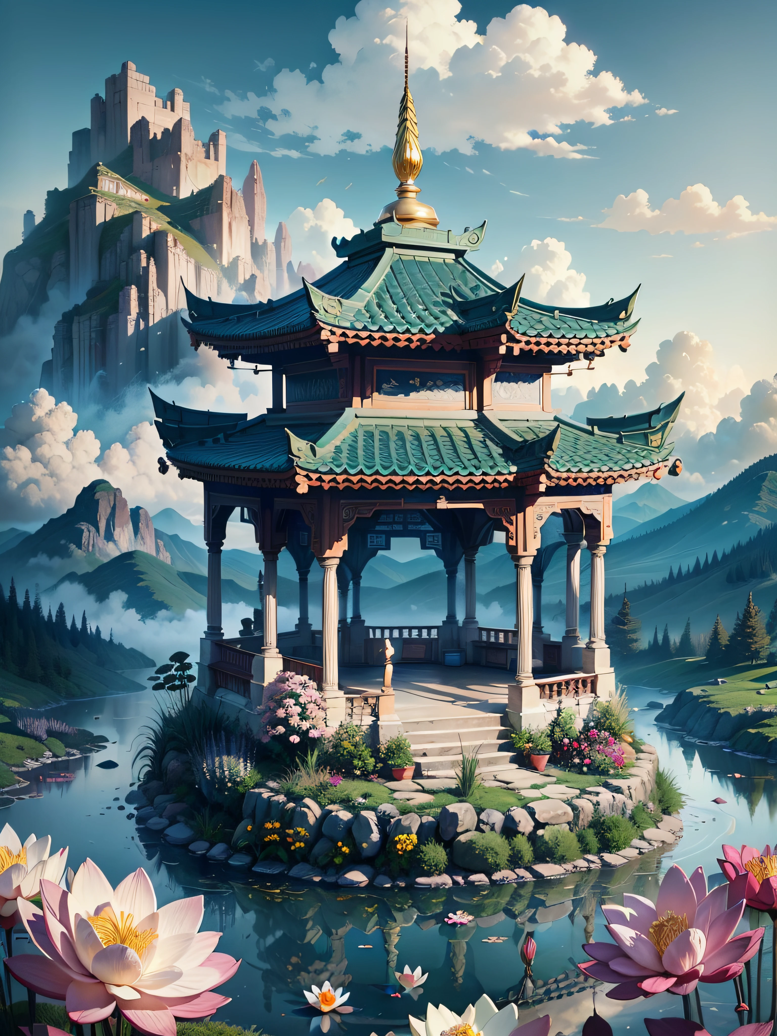 Generate an image of an gazebo garden palace located high above the clouds, shrouded in mist and surrounded by a majestic landscape. The palace should be adorned with glazed tiles, Buddha statues, lanterns, and vibrant colors such as blue, green, red, and gold. The image should include hot springs, lotus flowers, and splashing water, as well as elements of color and splash ink to add to the dreamy ambiance. The final image should be a masterpiece, with high-quality graphics and intricate details that transport the viewer to a world of wonder and magic