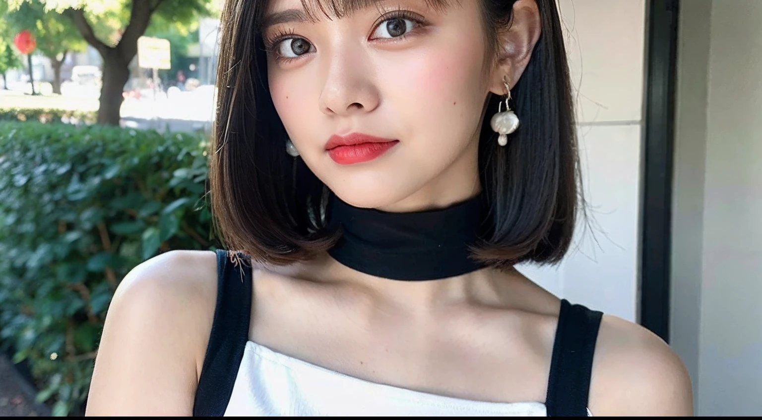 Top quality, ultra high resolution, (photorealistic: 1.4), 1 girl, off-shoulder white shirt, black tight skirt, black choker, (faded ash-gray hair: 1), look viewer, close-up,
