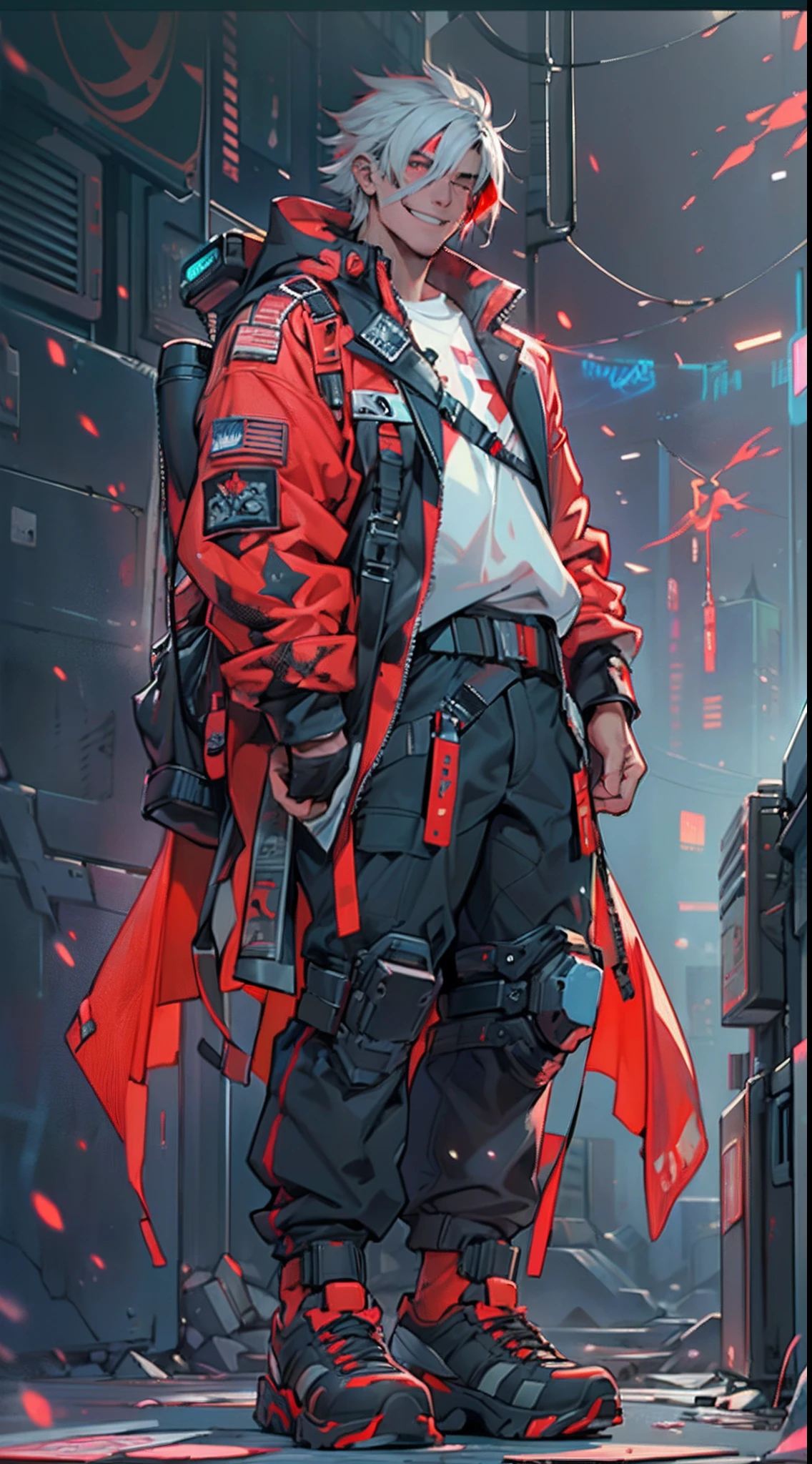 (1 Handsome Man)、(Very huge muscles)、(Unusually large muscles)、(Red cyberpunk military uniform all over the body:1.3)、(Military equipment:1.2)、(White hair)、(an eye patch:1.0)、(cyberpunk helmet)、(30-years old)、(confident grin:1.2)、(Dark hair)、(Top image quality)、(8K picture quality)、(masutepiece)、(Full body photo:1.3)、cinematric light, Cinema Shadow, Sharp Image, Extremely detailed,、beautiful effects, Muted colors, Highly detailed image textures, detailed hairs, Detailed face, Detailed eyes, Full body photo, (Red aura emanating from clothes:1.5)、Highly detailed image textures, detailed hairs, Detailed eyes、