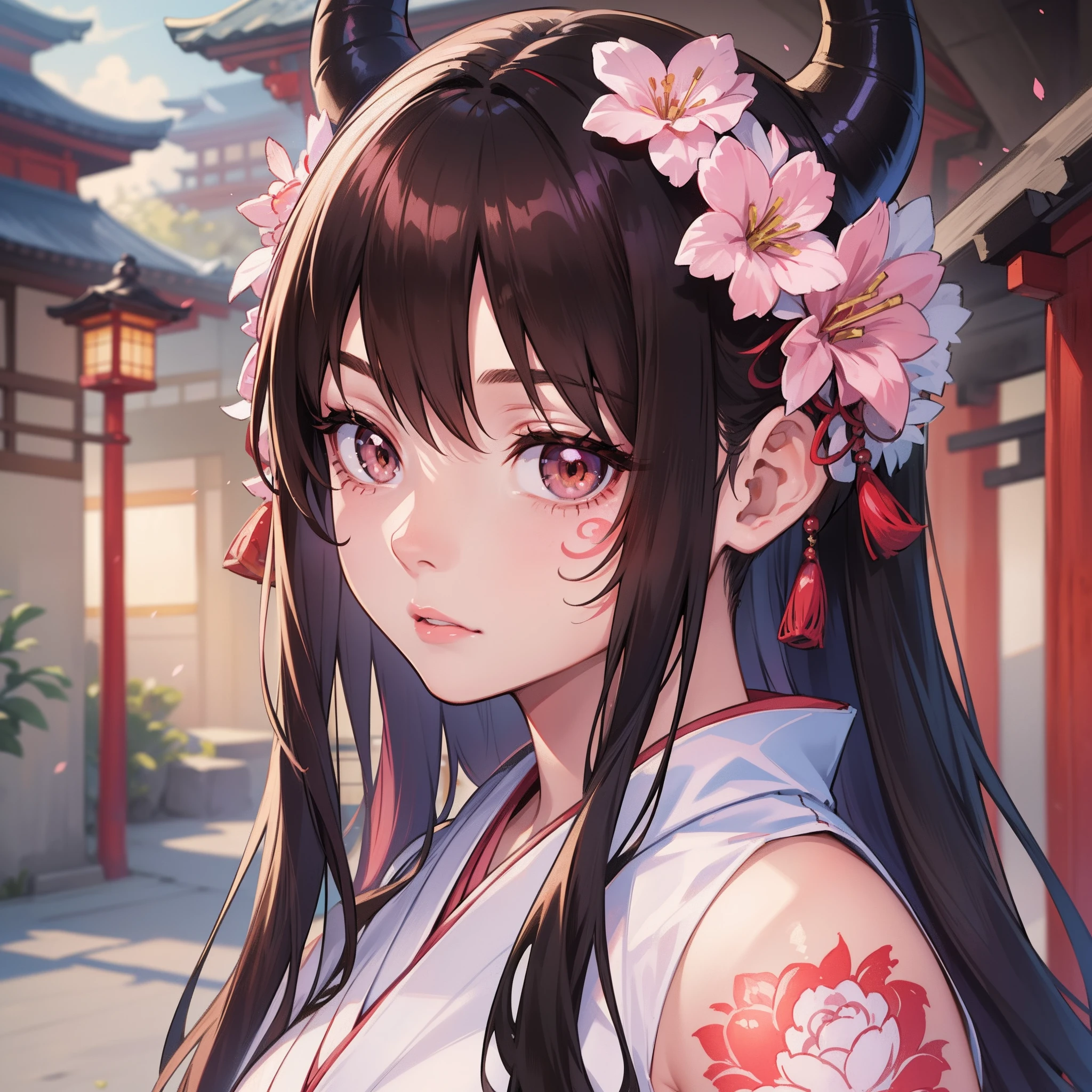 best quality, highly detailed beautiful face and eye, (1girl, solo), 18years old, black straight hair, white demon horns, brown eyes, light pink lips, floral tattoo on face, earnest expression, white kimono, Japanese ancient capital