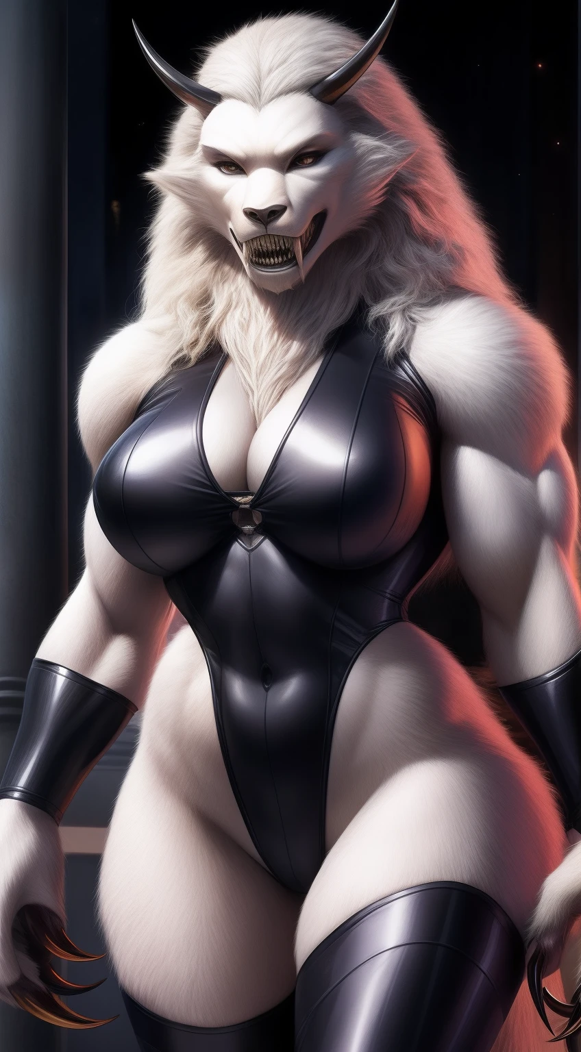 "Realistic portrayal of a stunning anthro yeti woman with the best quality. She wears a sleek black high cut bodysuit that accentuates her large bust and muscular hourglass body. With wide hips, long claws, and strong arms, her sharp teeth are visible. Her white fur adds to her monstrous yet beautiful charm."