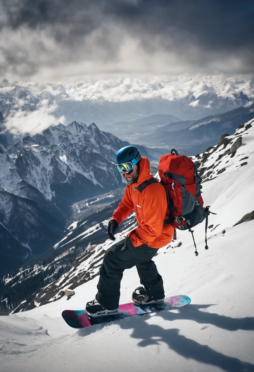 snowboard man on mountains, HDR