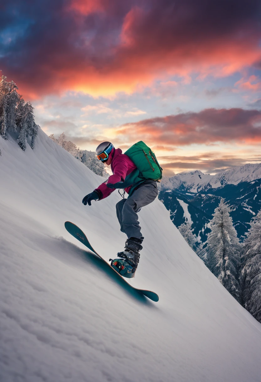 snowboard man on mountains, HDR