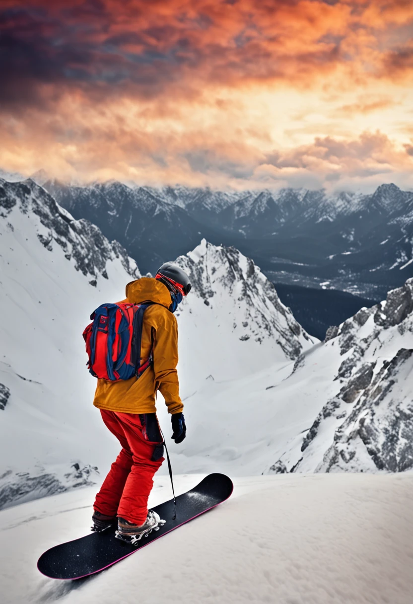 snowboard man on mountains, HDR