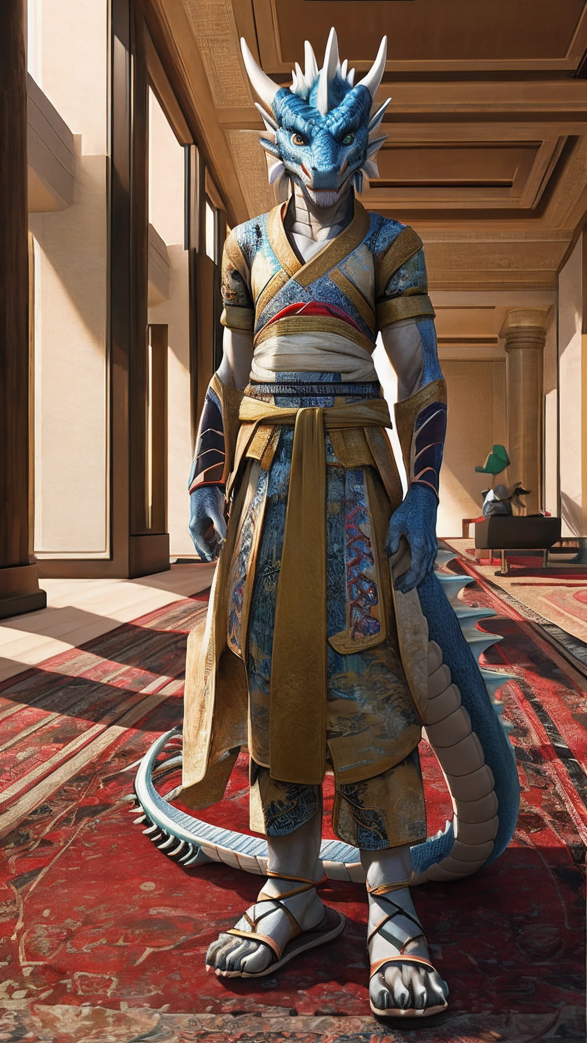 Bionic dragon，female，White Hanfu，sandals，Children，Standing on the carpet in the hotel，HD graphics，Detailed and realistic，high detal，high qulity，photo-realistic，photorealistic eye，Detailed paws，Clear eyes，Masterpiece artwork，Five-fingered hands，top-quality，32k，hyper HD