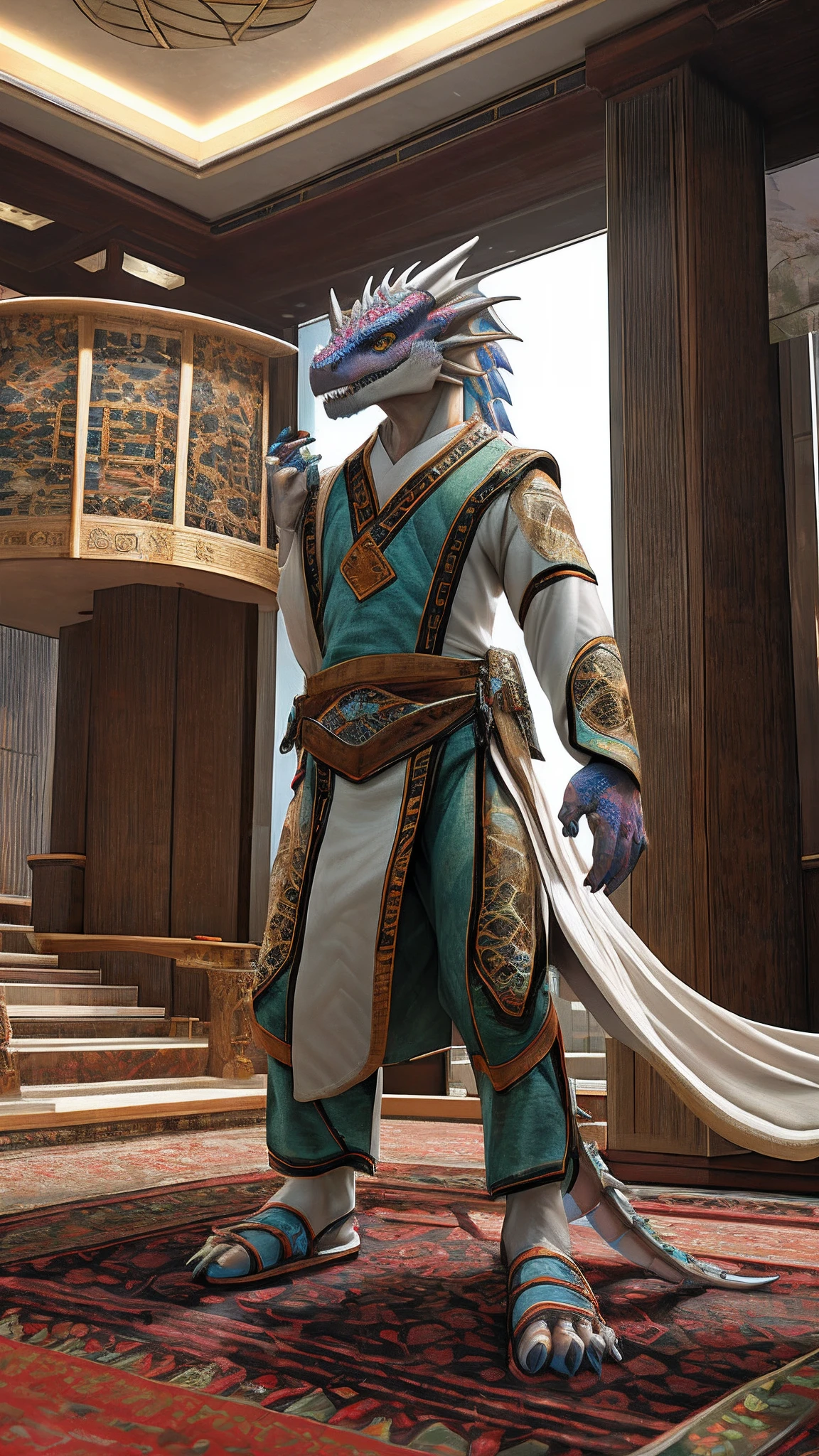 Bionic dragon,female,White Hanfu,sandals,Children,Standing on the carpet in the hotel,HD graphics,Detailed and realistic,high detal,high qulity,photo-realistic,photorealistic eye,Detailed paws,Clear eyes,Masterpiece artwork,Five-fingered hands,top-quality,32k,hyper HD