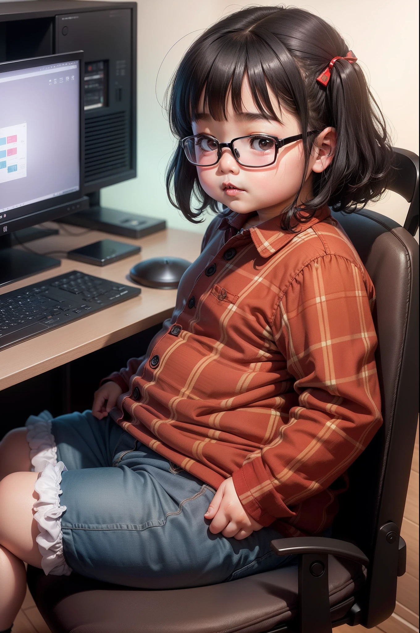 A 3--old ghtly chubby girl in China， wears glasses，Plaid shirt，shorter pants，programmer，sitting in front of the computer，Black hair， adolable， with brown eye，by Pixar, tchibi，frontage，Full body portrait